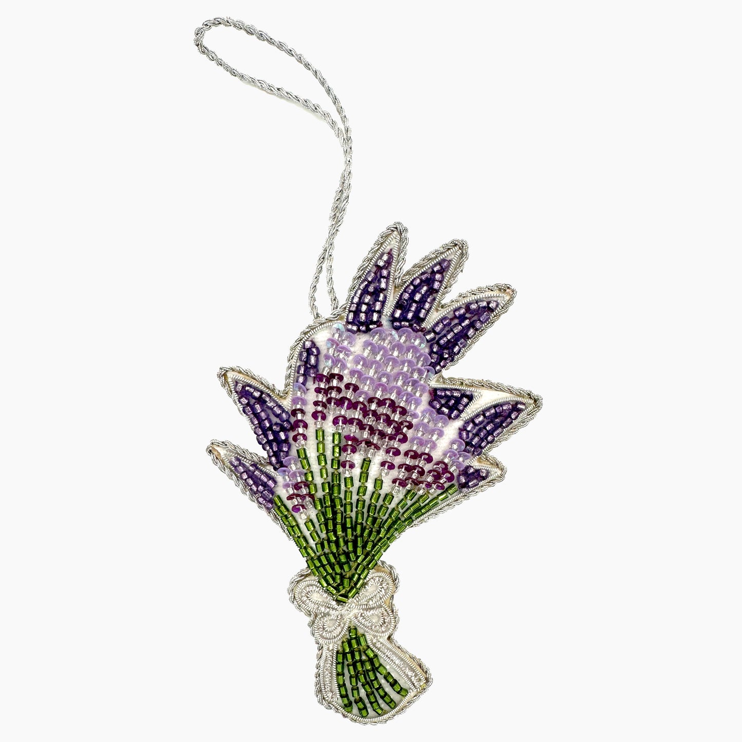 Image of a lavender bouquet Christmas ornament with ornate beadwork.