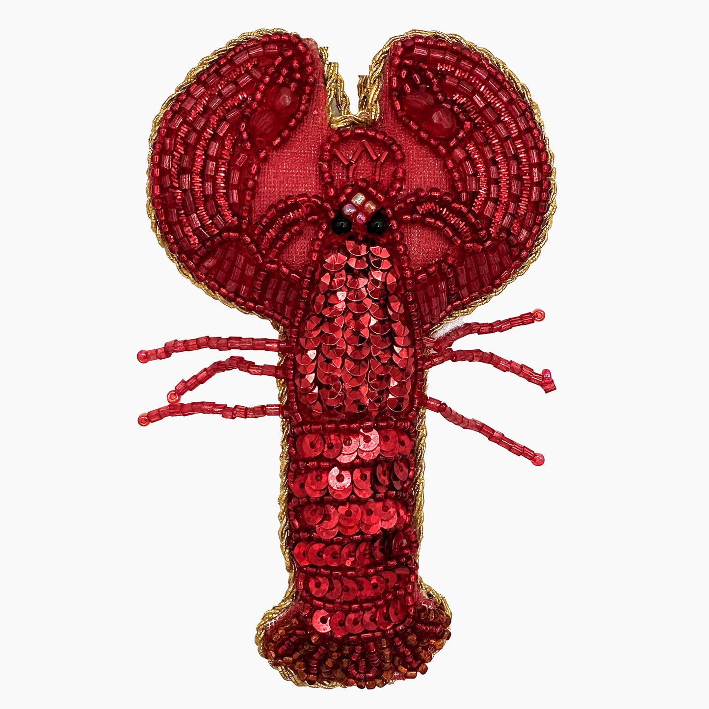 Image of a lobster Christmas ornament with intricate beadwork.