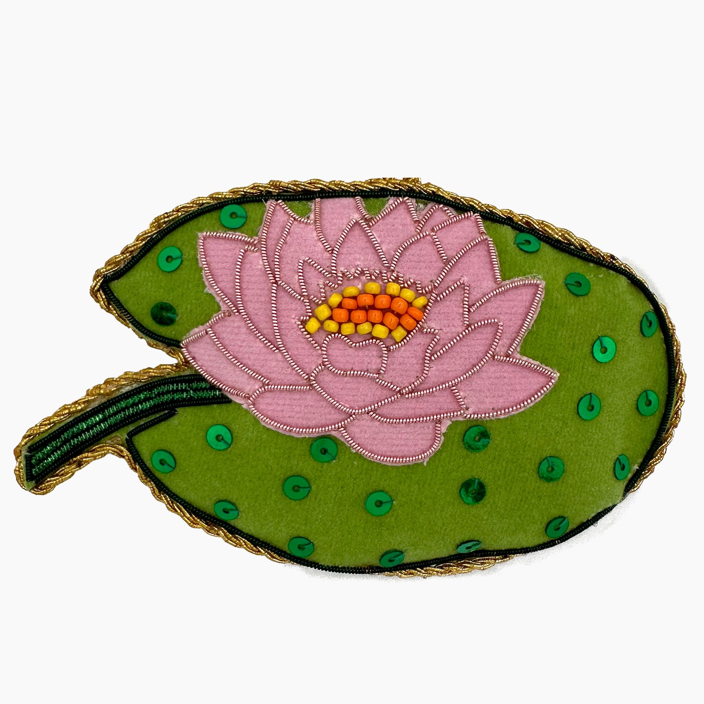 Image of a lotus flower Christmas ornament with intricate beadwork.