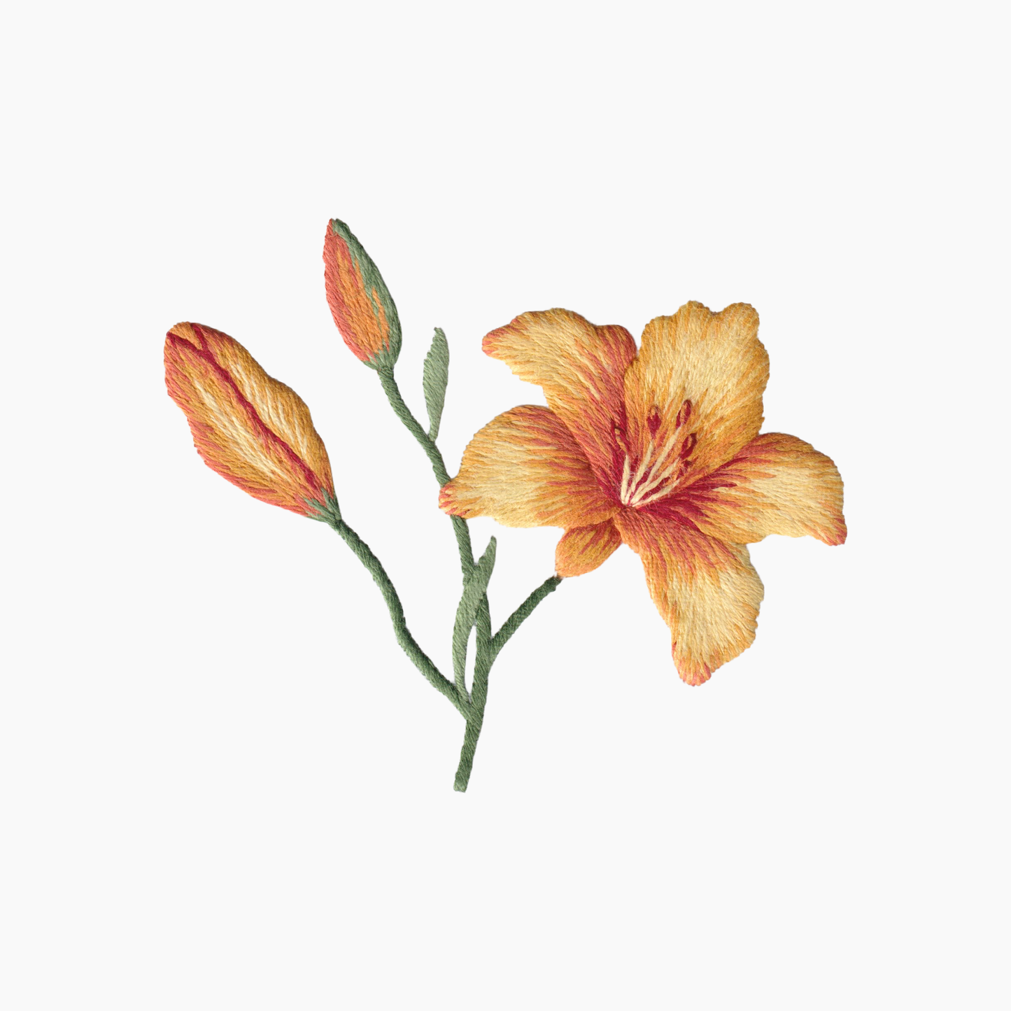 Hand embroidered cotton towel of a yellow day lily flower with buds on a white background