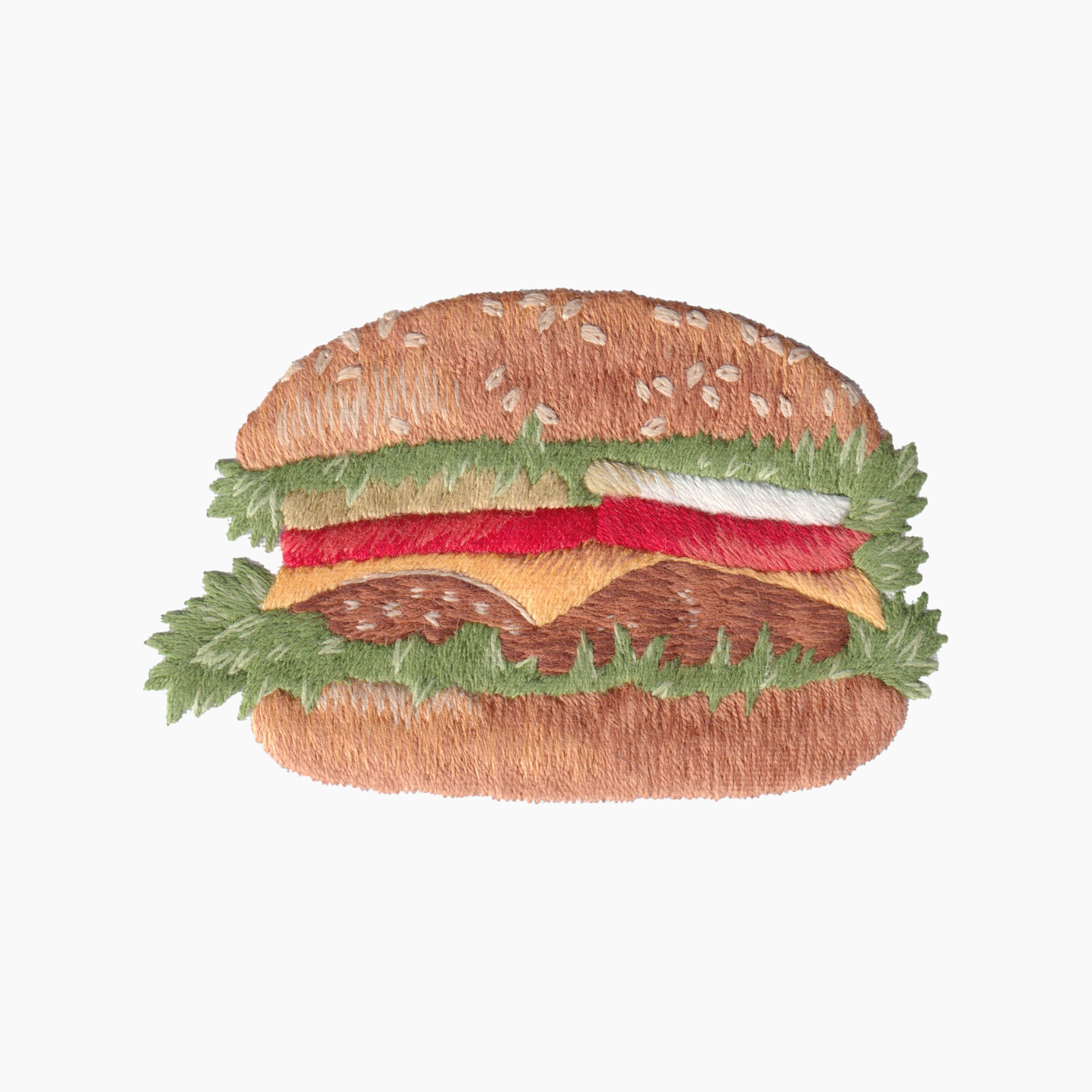 Hand embroidered cotton towel of hamburger motif on a white background