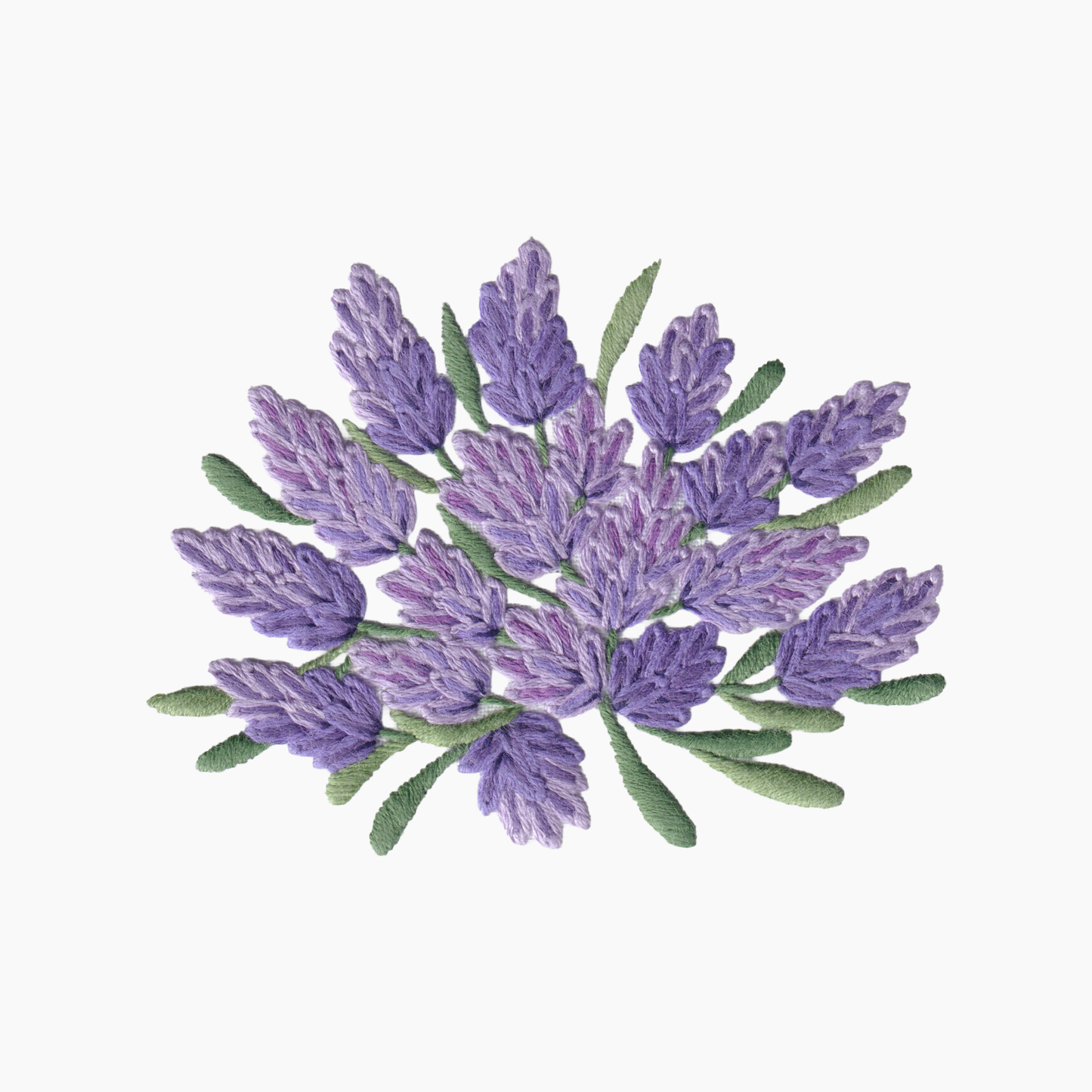 Hand embroidered cotton towel with design of lavender flowers on a white background