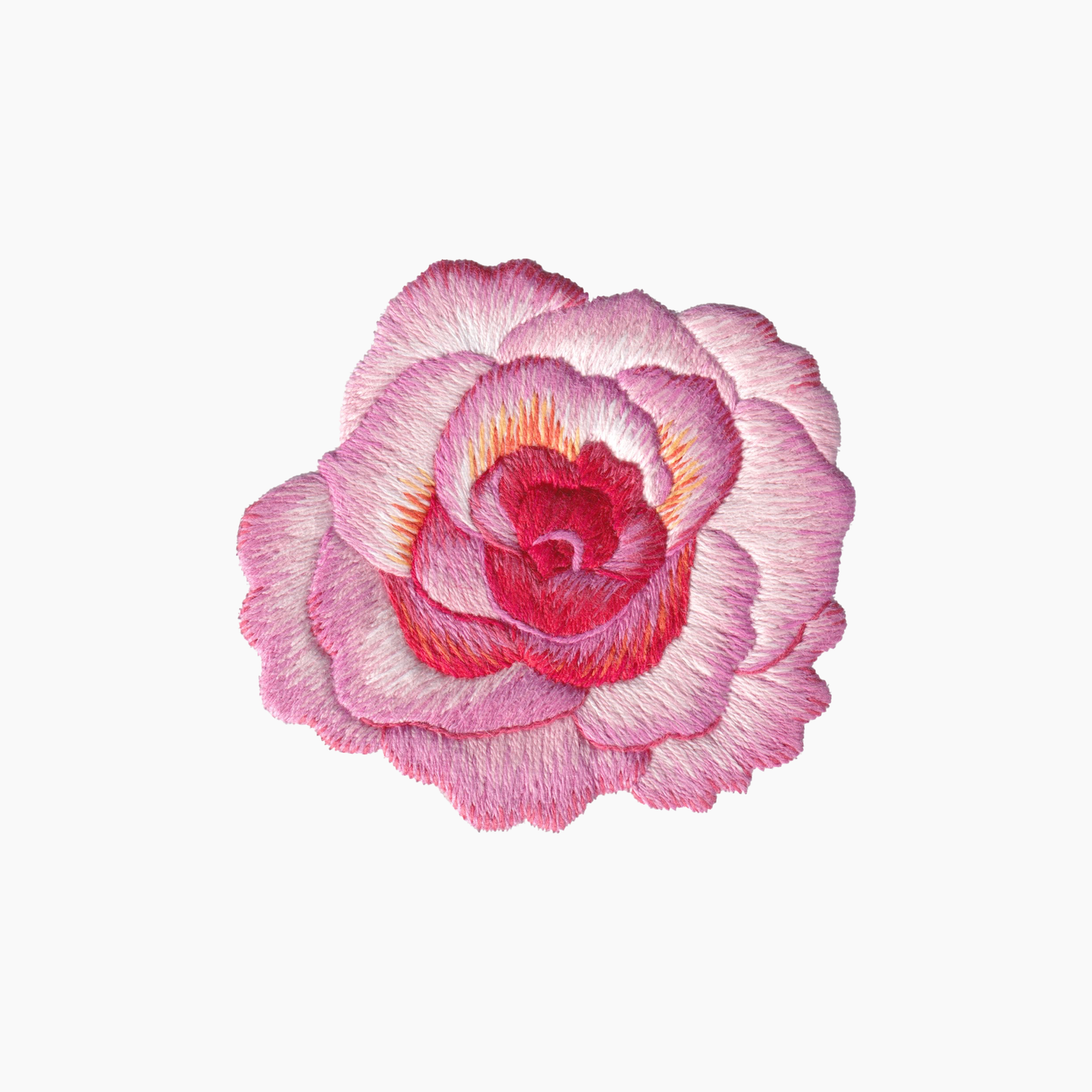 Hand embroidered cotton towel with pink rose with red highlights on a white background