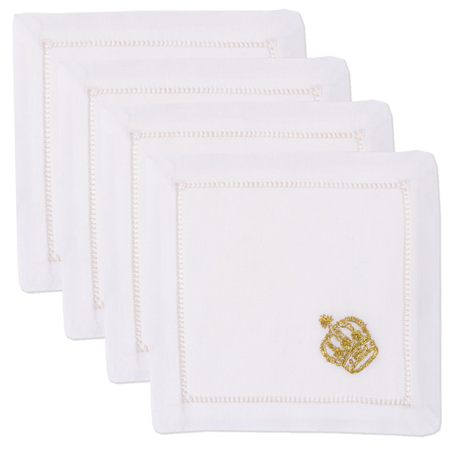4 white cocktail napkins. Embroidered in the bottom right corner of each is a gold crown.