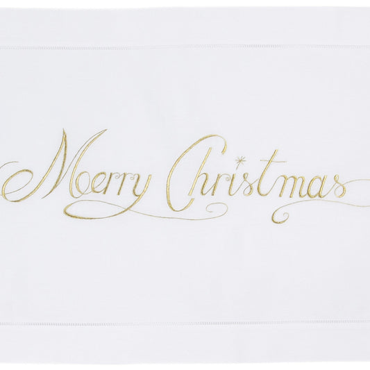 A detailed image of the embroidered words "Merry Christmas" in gold cursive