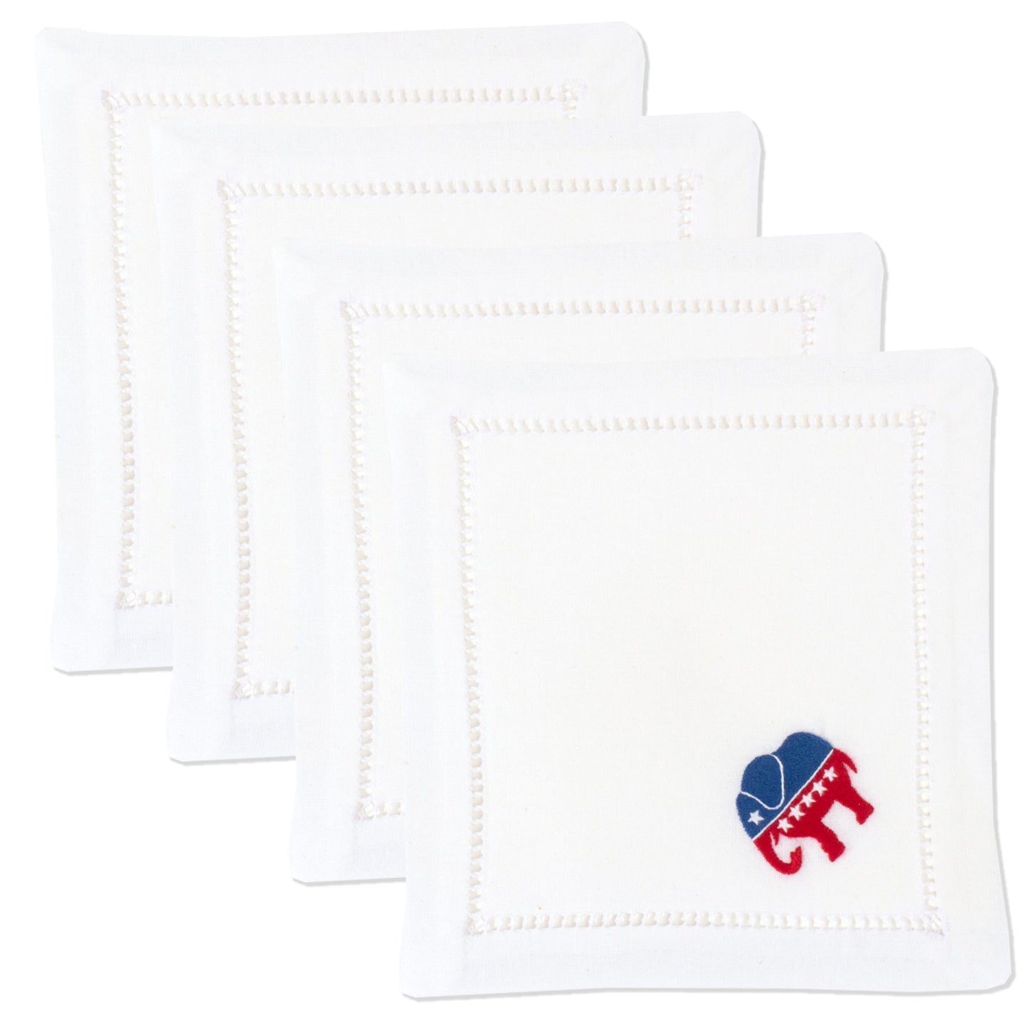 4 white cocktail napkins with a hemstitch border. A republican elephant is embroidered on the bottom right corner of each