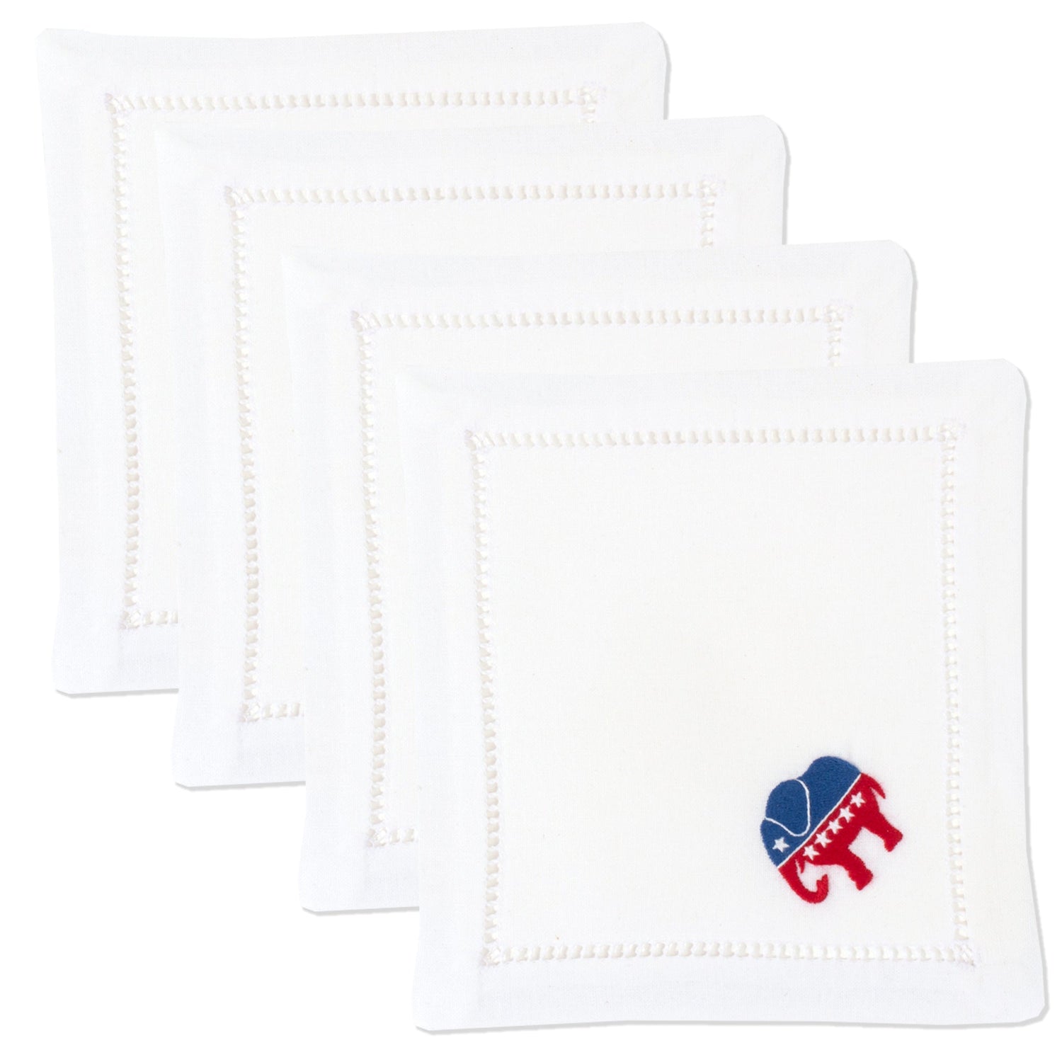 4 white cocktail napkins with a hemstitch border. A republican elephant is embroidered on the bottom right corner of each