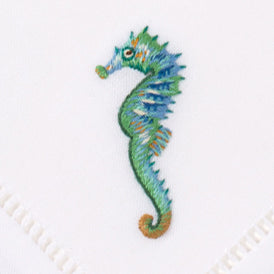 an embroidered teal seahorse