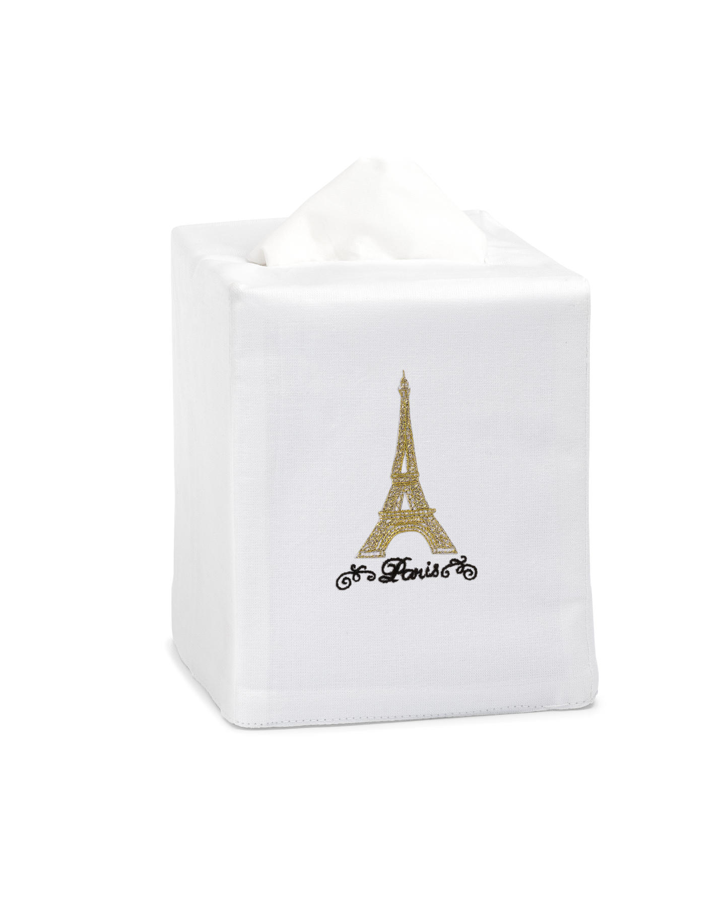 A white tissue cover with a golden eiffel tower embroidered in the center.