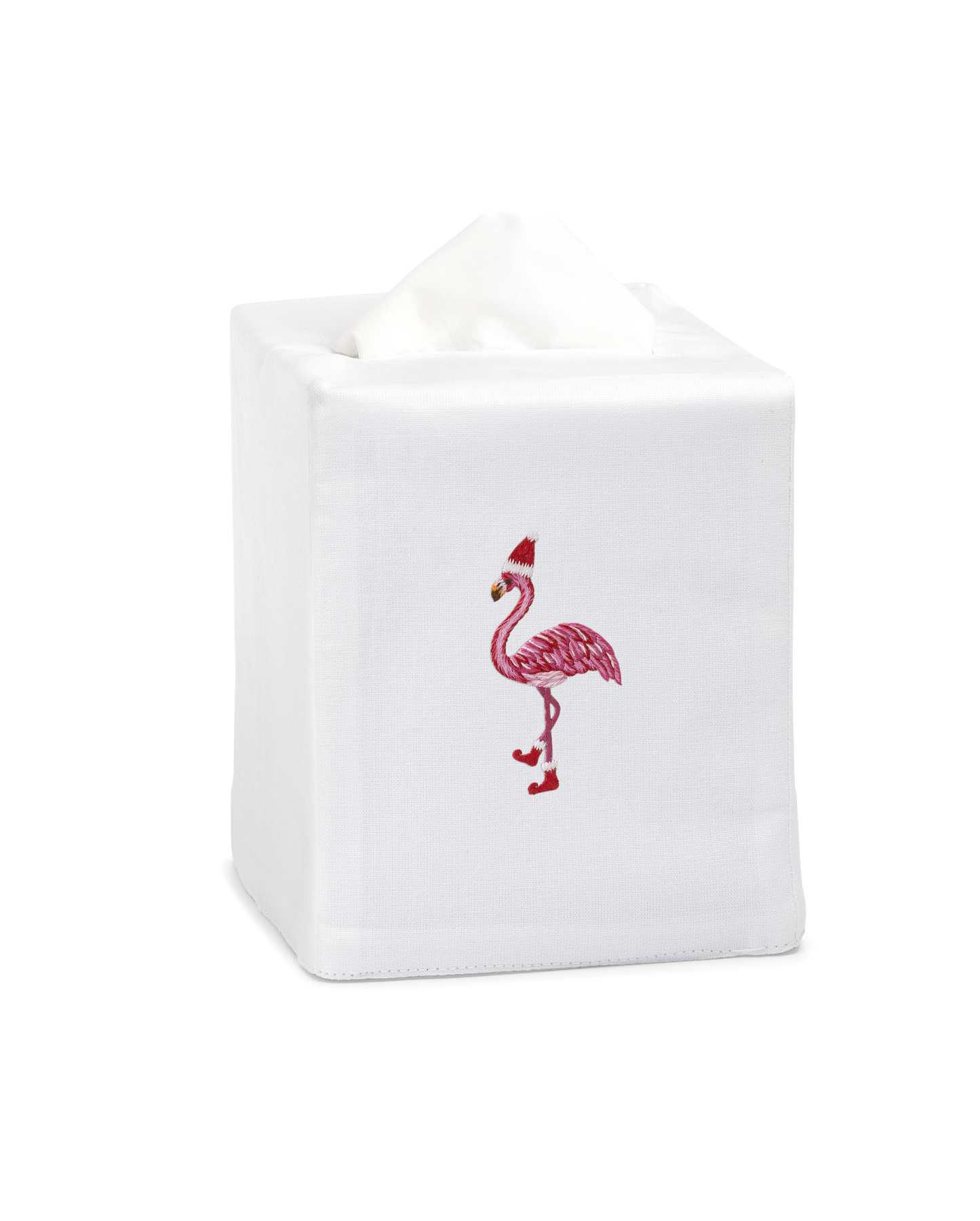 A white tissue cover with a flamingo wearing a santa hat embroidered in the center.