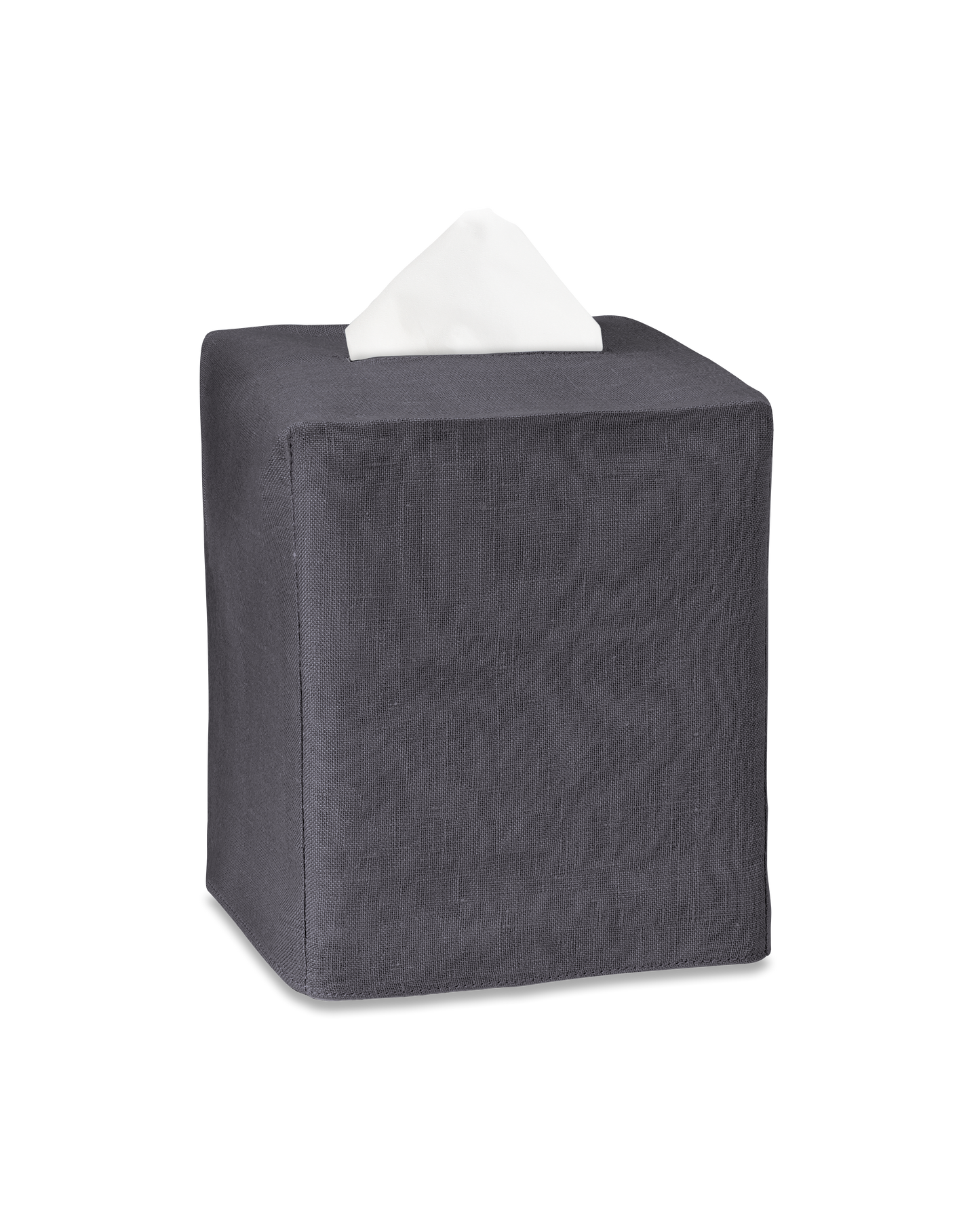 A charcoal linen tissue box cover