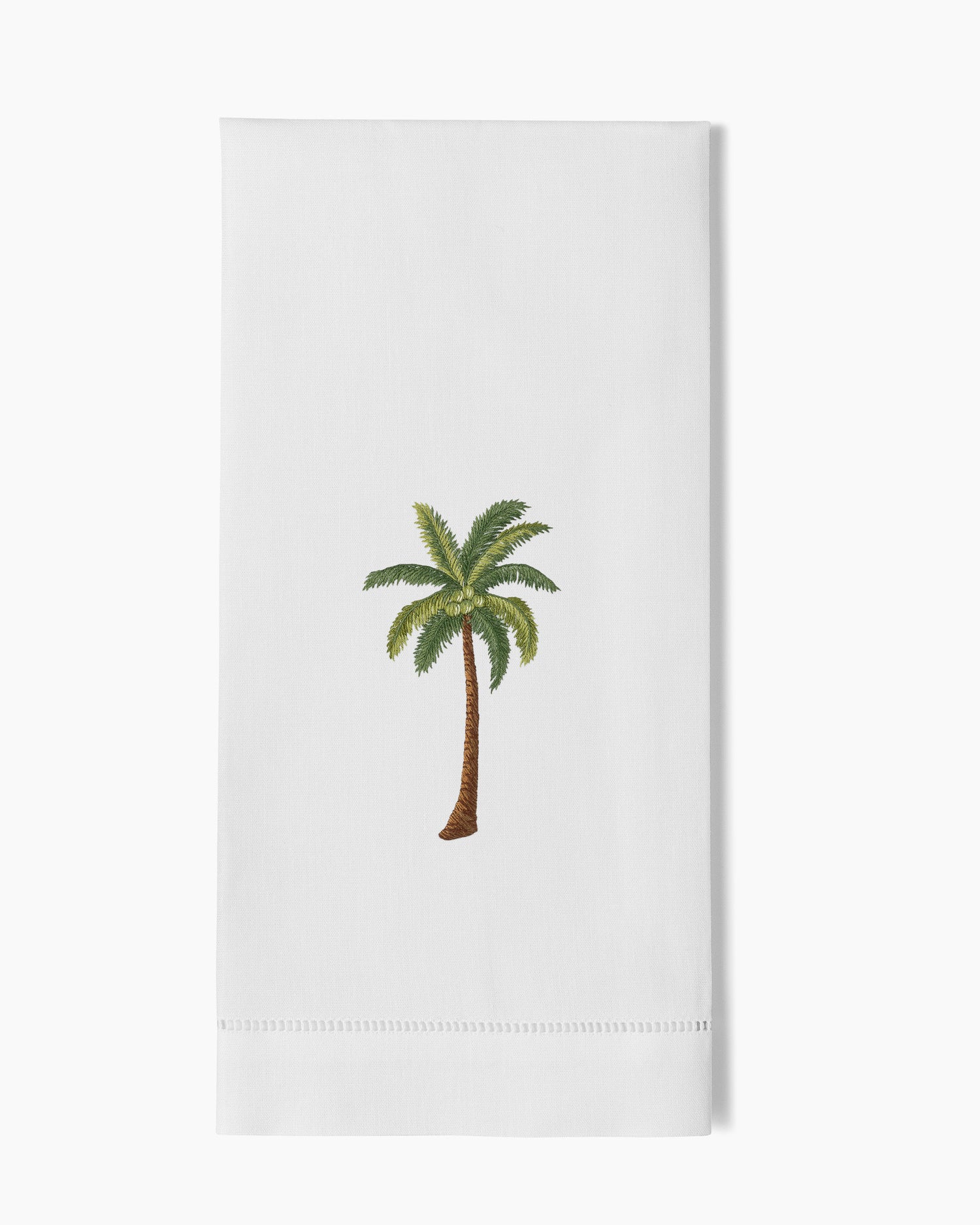 A white Palm Tree Modern Hand Towel with a palm tree on it, by Henry Handwork.
