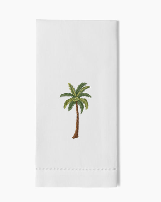 A white Palm Tree Modern Hand Towel with a palm tree on it, by Henry Handwork.