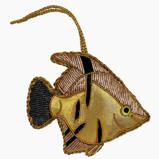 Image of an angelfish Christmas ornament with ornate beadwork.