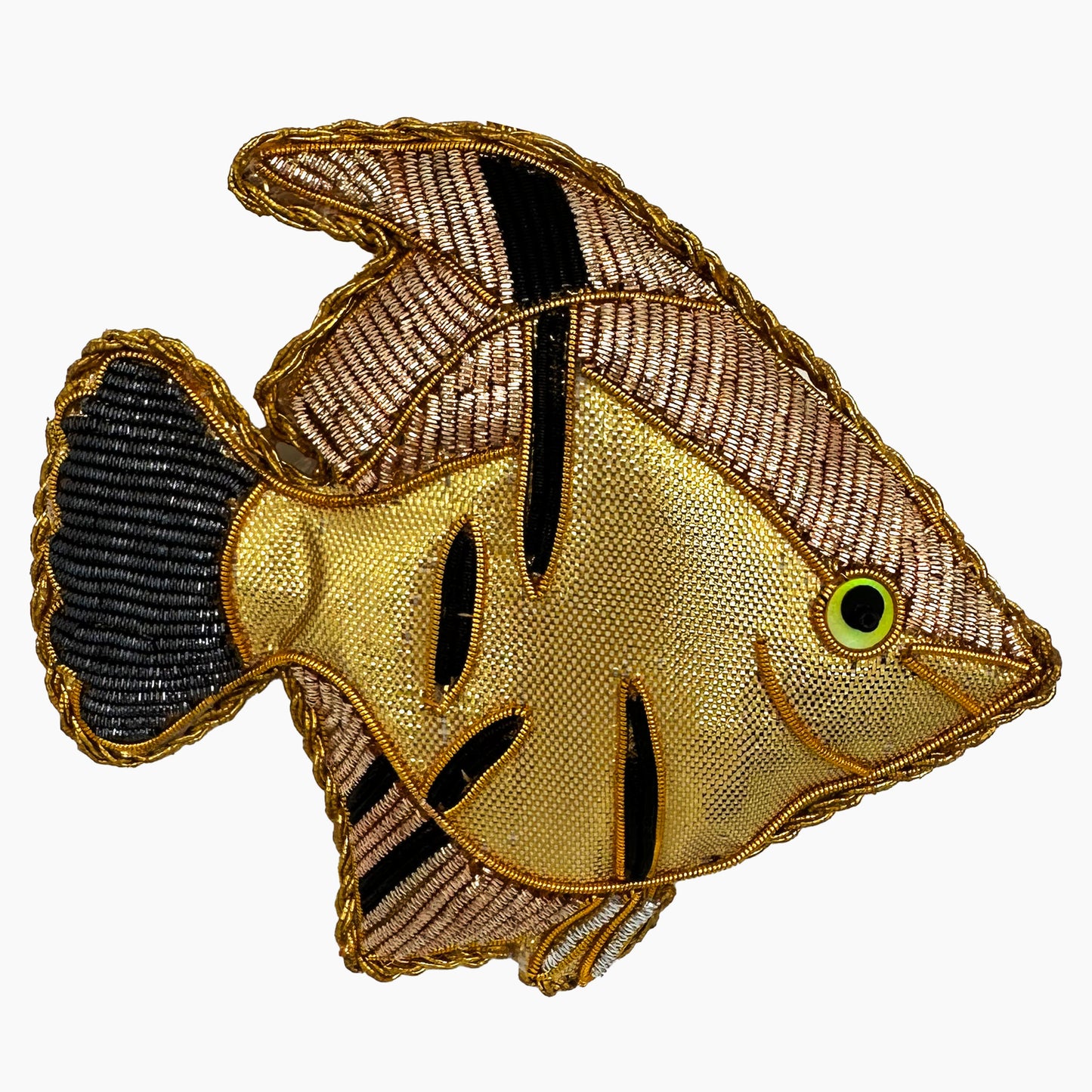 Image of an angelfish Christmas ornament with ornate beadwork.