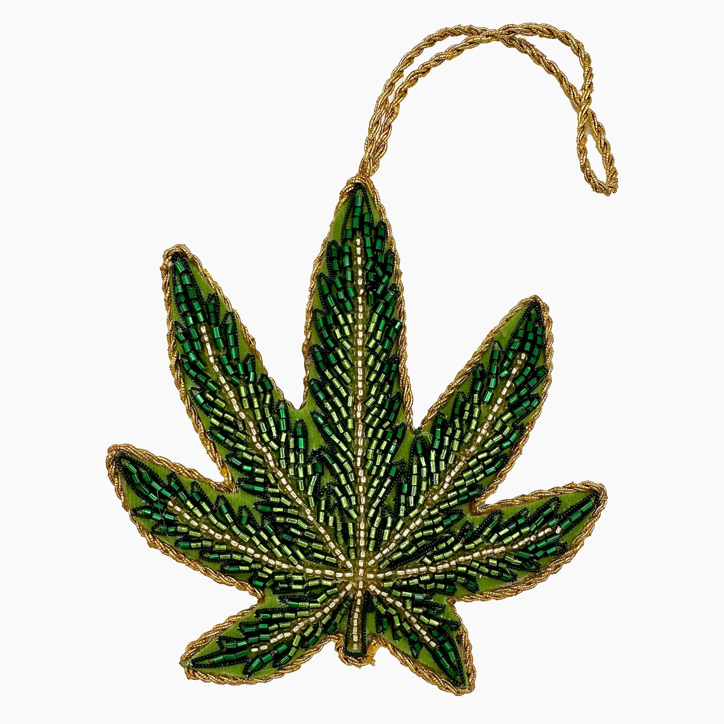 Image of a Cannabis leaf Christmas ornament with ornate beadwork.