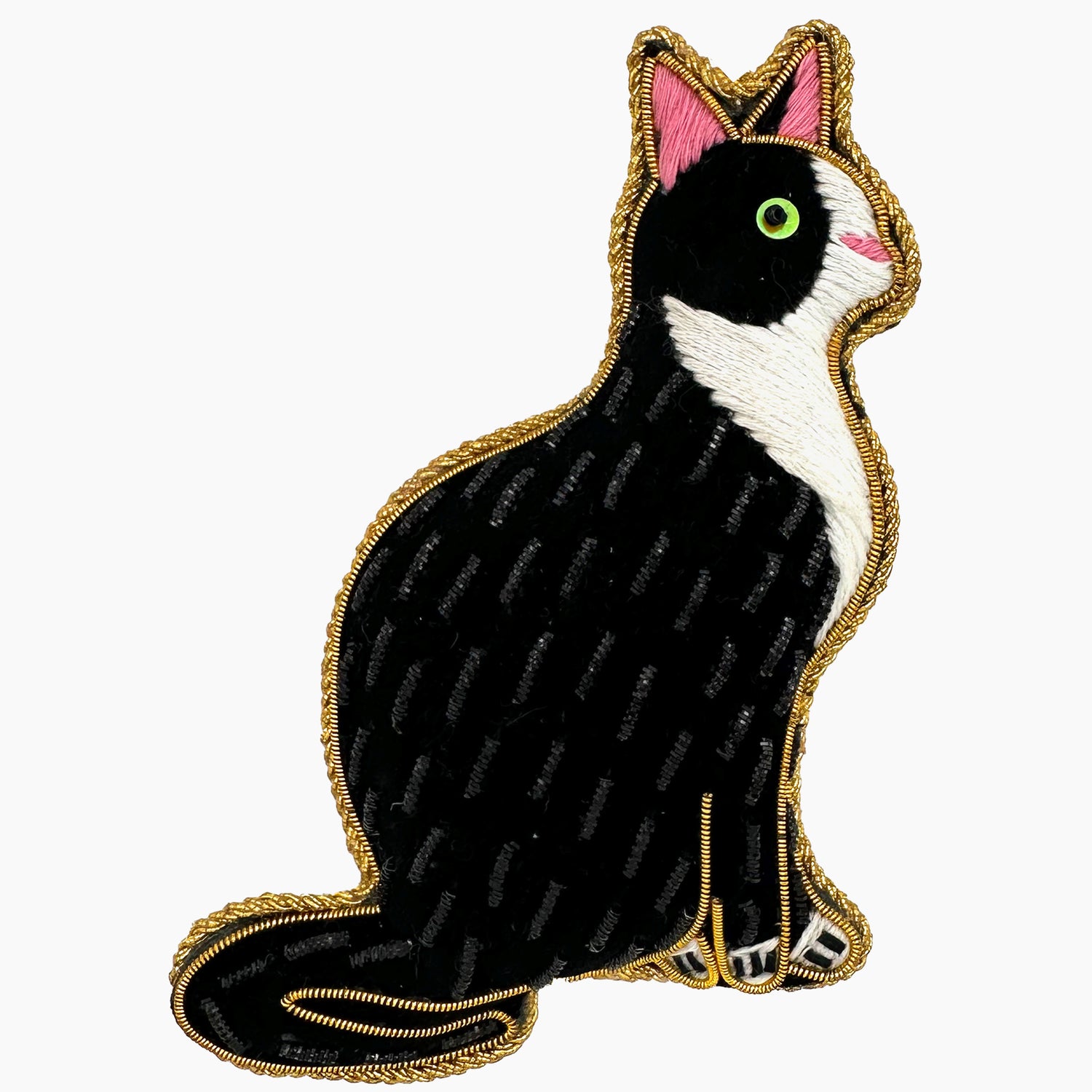 Image of a black and white house cat Christmas ornament with intricate beadwork. 