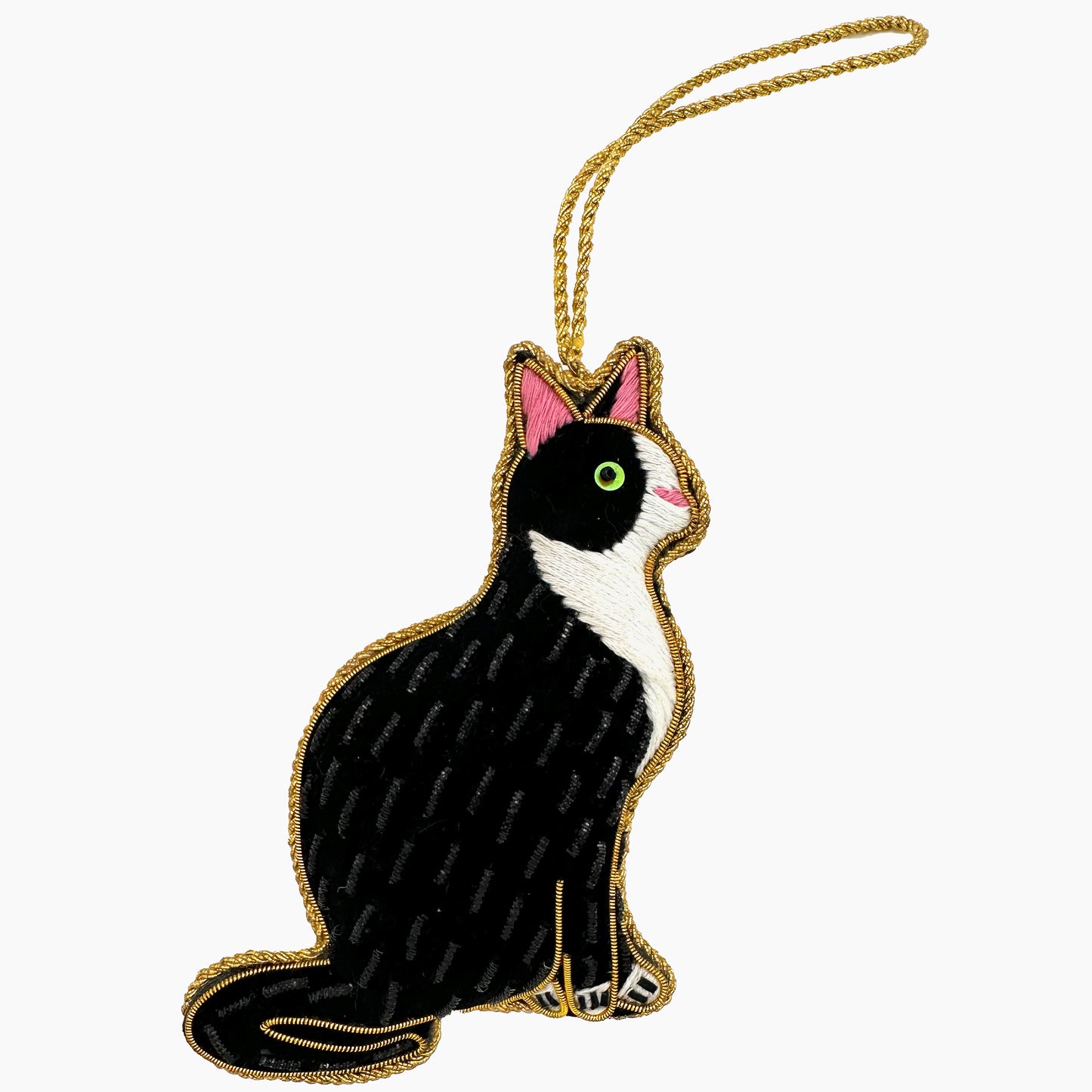 Image of a black and white house cat Christmas ornament with intricate beadwork. 