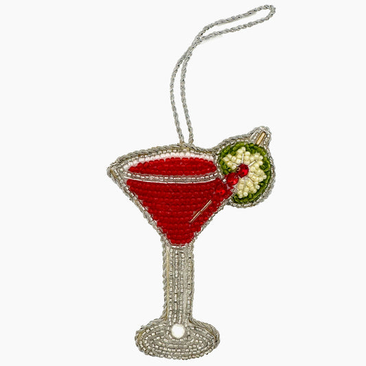 Image of a Cosmopolitan cocktail Christmas ornament with intricate beadwork. 