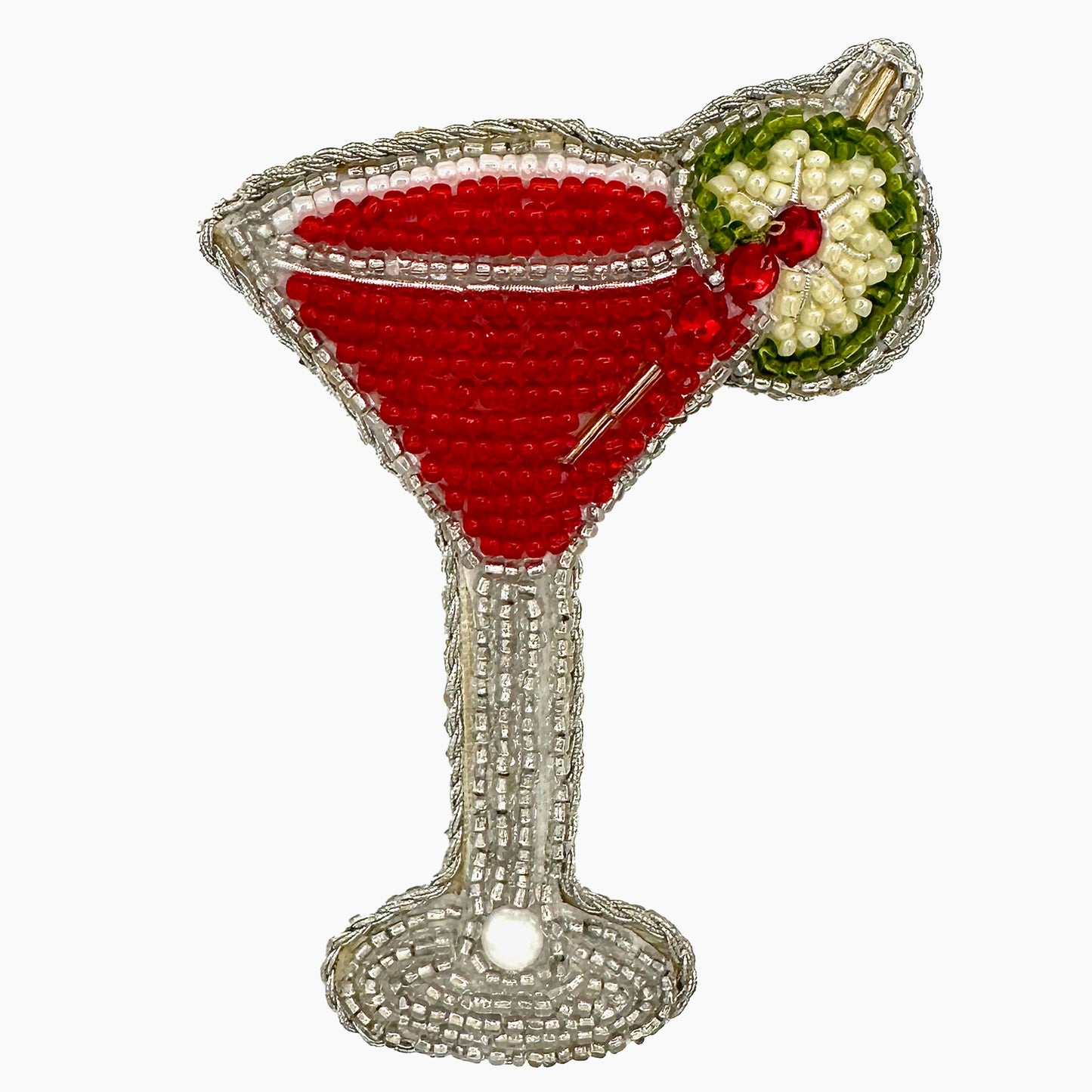 Image of a Cosmopolitan cocktail Christmas ornament with intricate beadwork. 