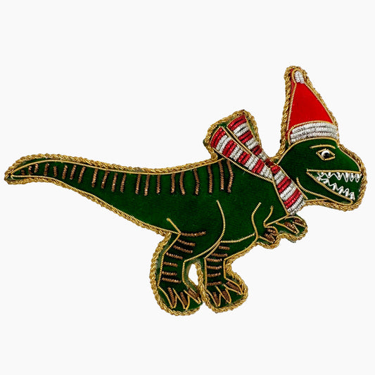 Image of a T-Rex dinosaur Christmas ornament with intricate beadwork. 