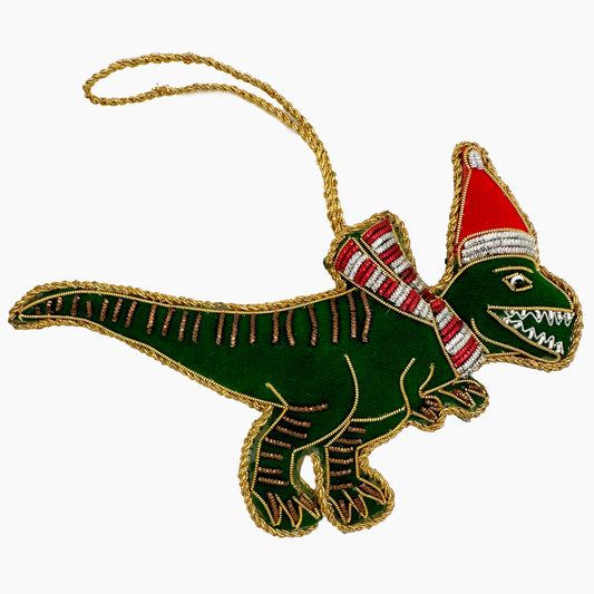 Image of a T-Rex dinosaur Christmas ornament with intricate beadwork. 