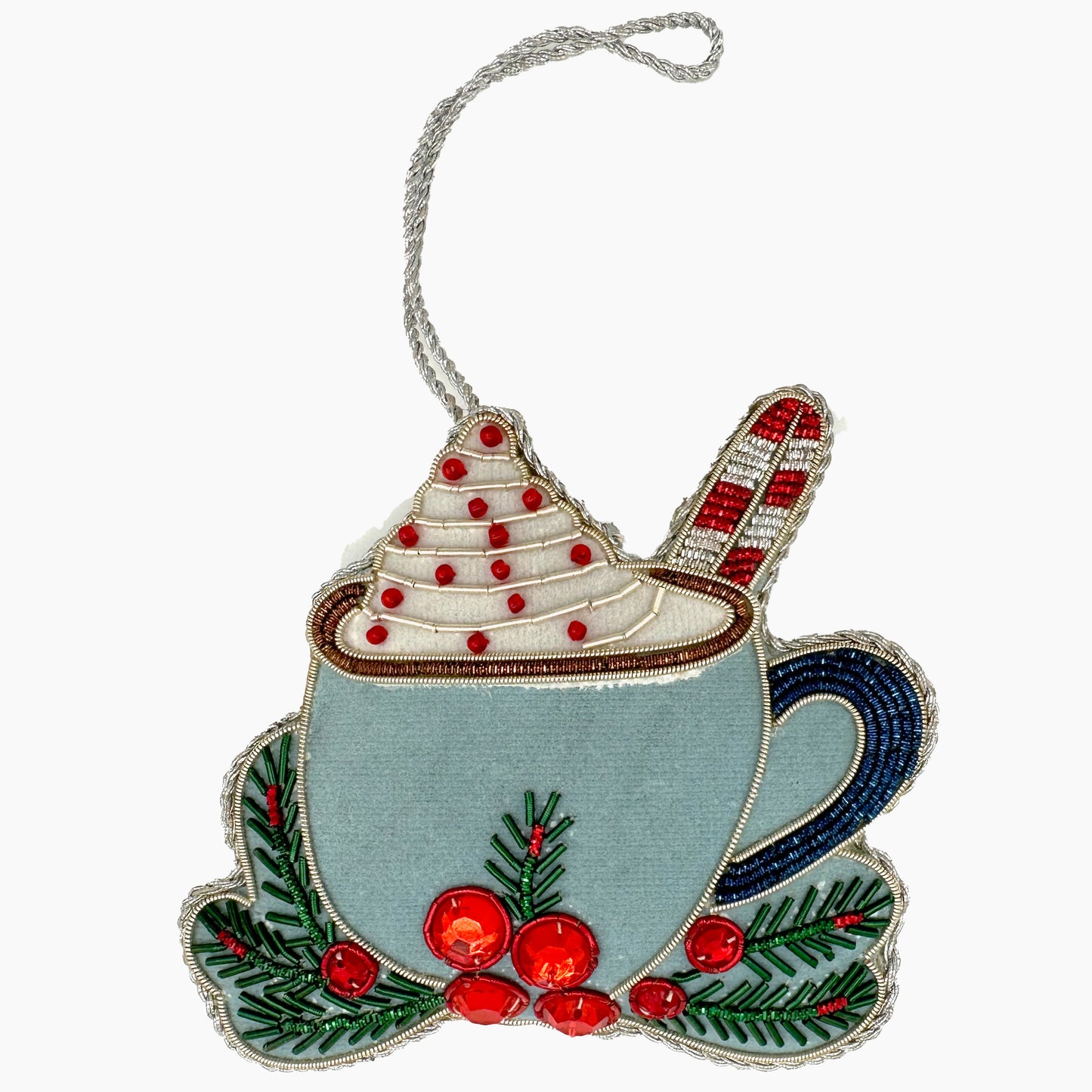 Image of a cup of hot chocolate Christmas ornament with ornate beadwork.