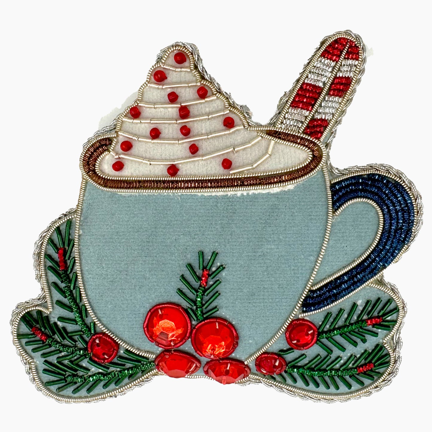 Image of a cup of hot chocolate Christmas ornament with ornate beadwork.