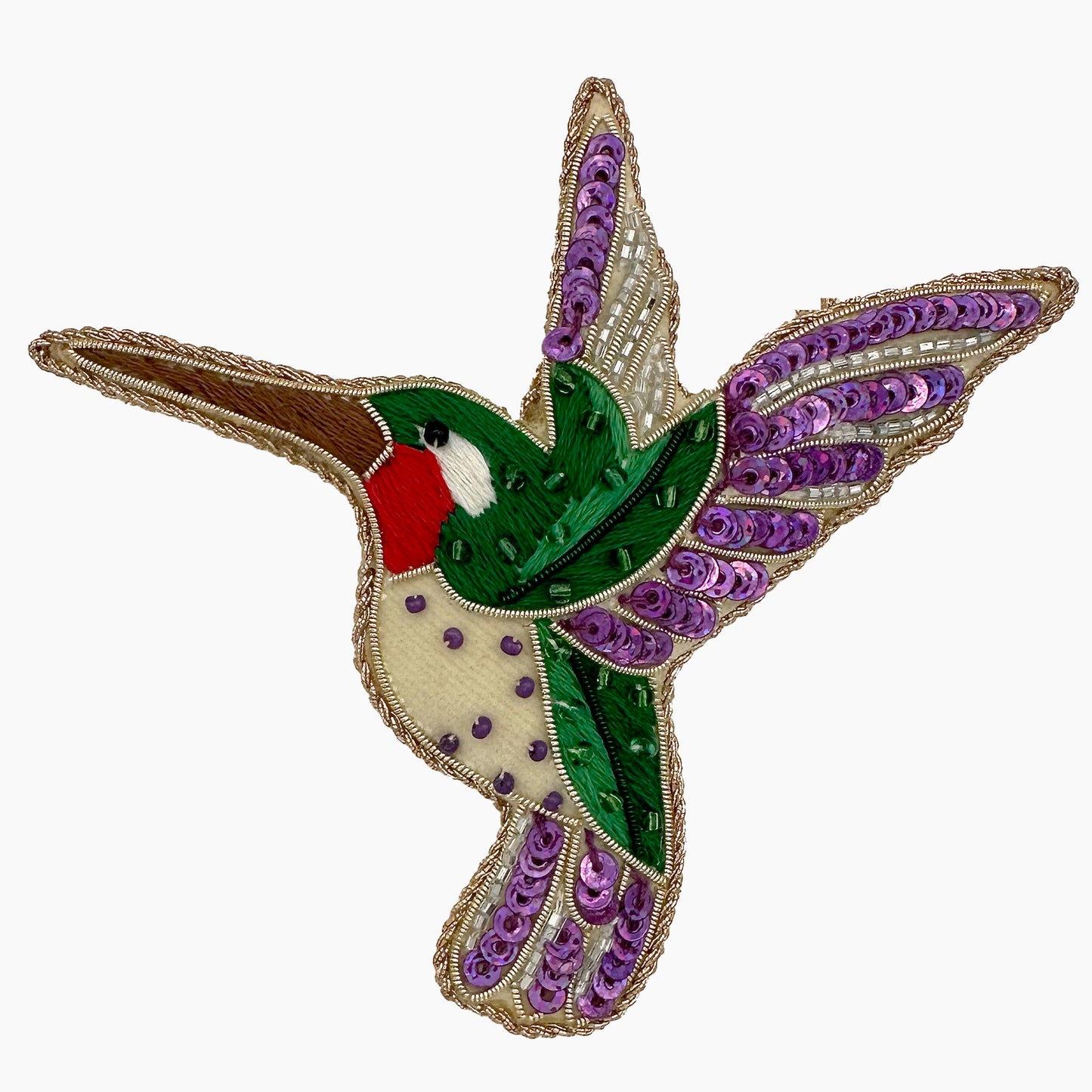 Image of a purple hummingbird Christmas ornament with intricate beadwork. 