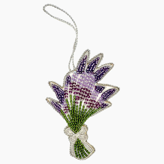 Image of a lavender bouquet Christmas ornament with ornate beadwork.