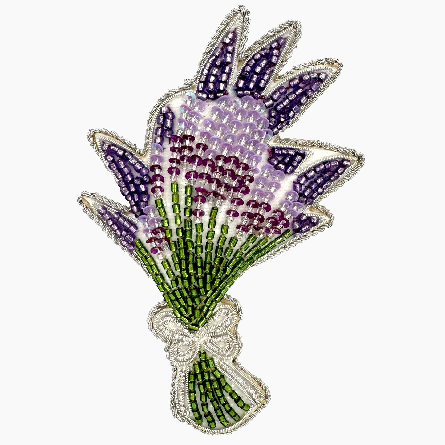 Image of a lavender bouquet Christmas ornament with ornate beadwork.