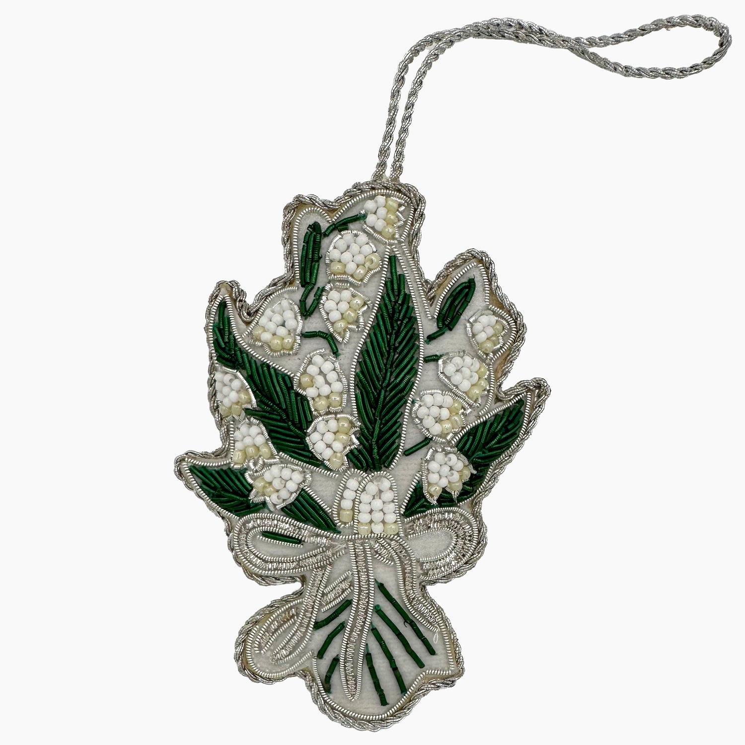 Image of a Lily of the Valley Bouquet Christmas ornament with intricate beadwork. 