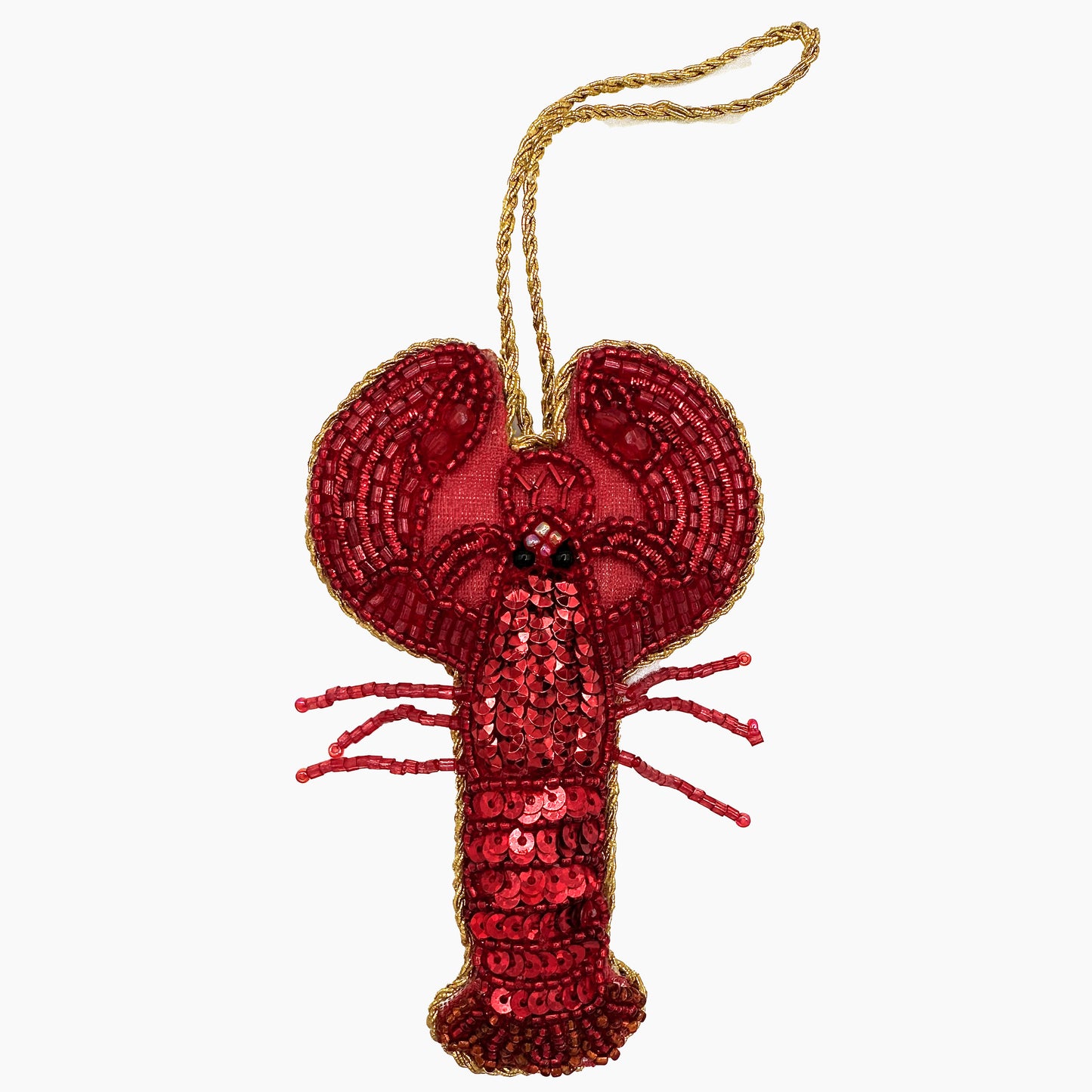 Image of a lobster Christmas ornament with intricate beadwork. 