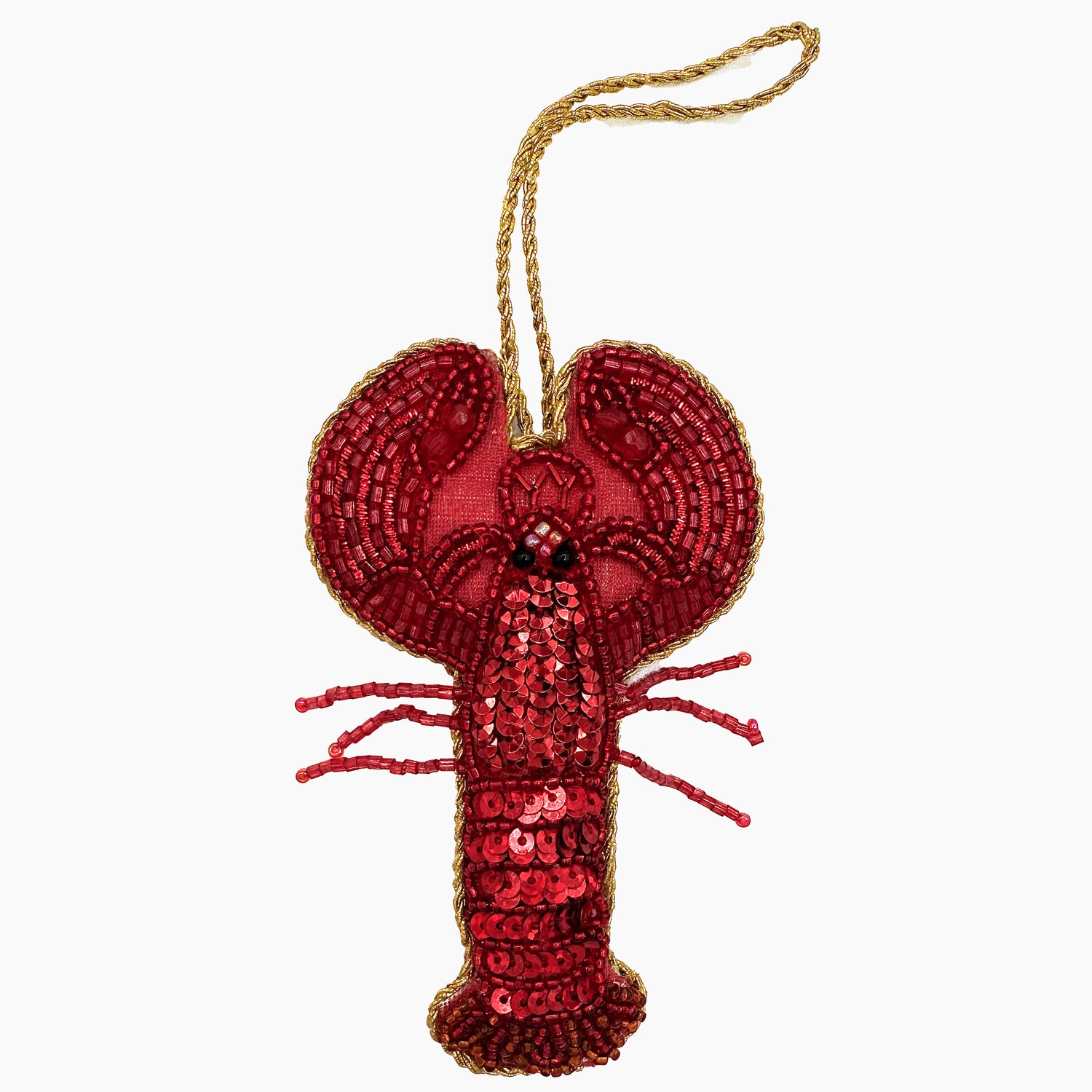 Image of a lobster Christmas ornament with intricate beadwork. 