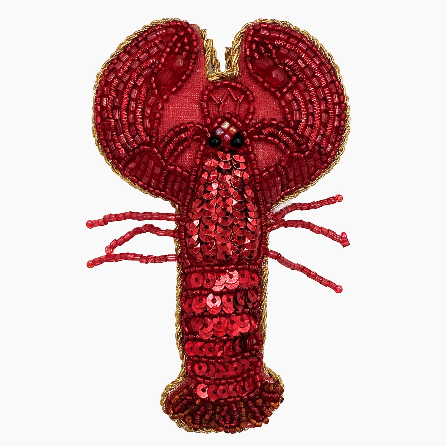 Image of a lobster Christmas ornament with intricate beadwork. 