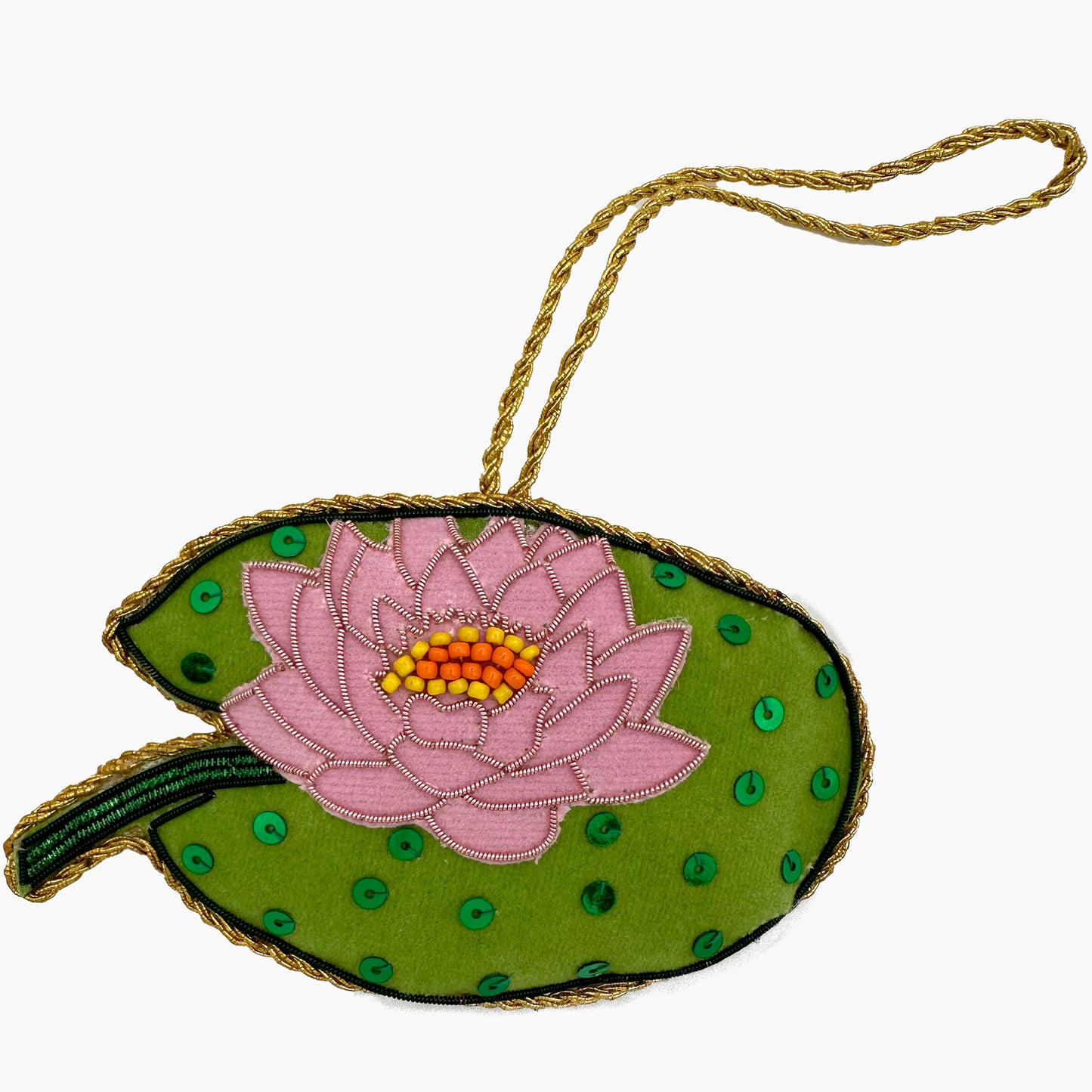 Image of a lotus flower Christmas ornament with intricate beadwork. 