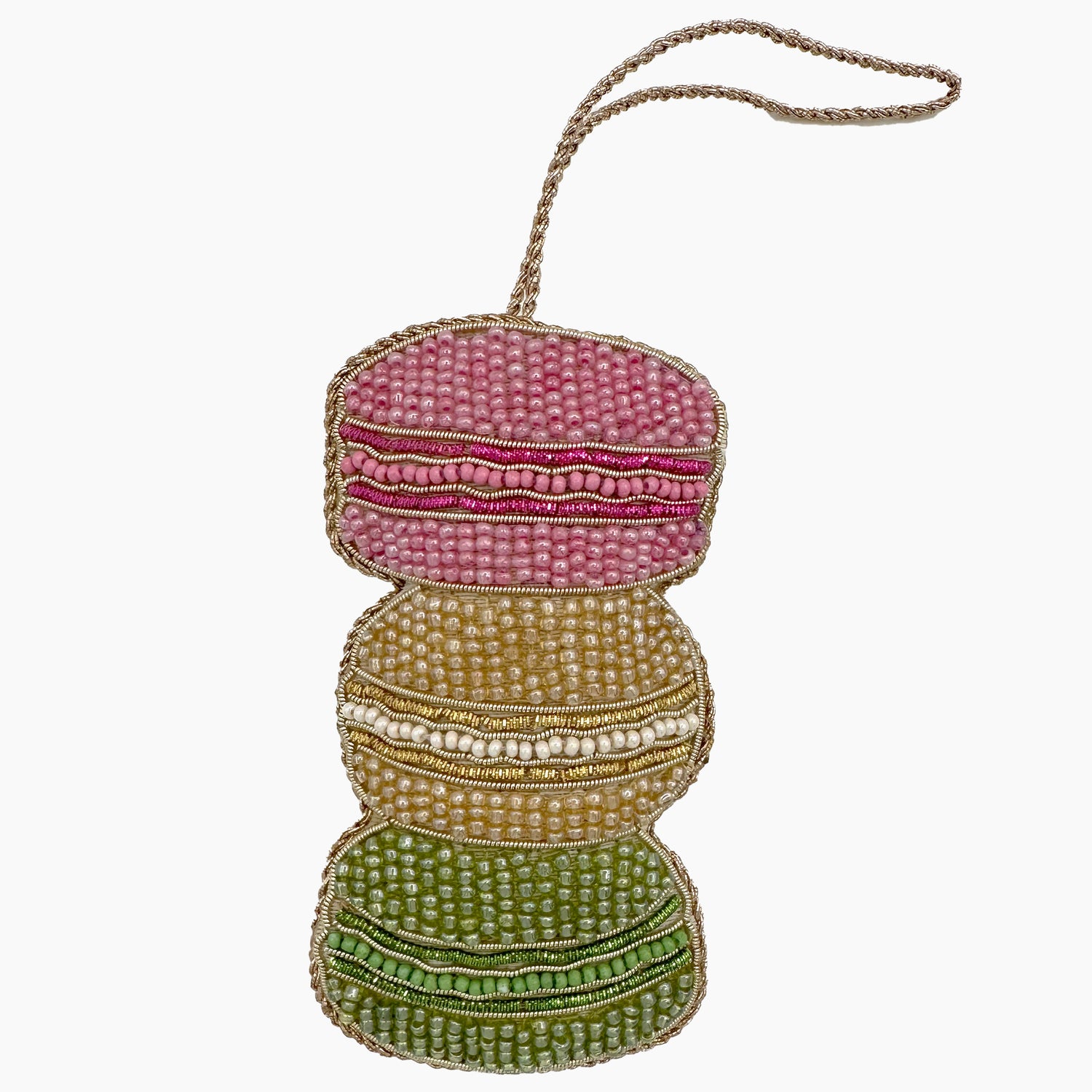 Image of a Macaron cookie Christmas ornament with intricate beadwork. 