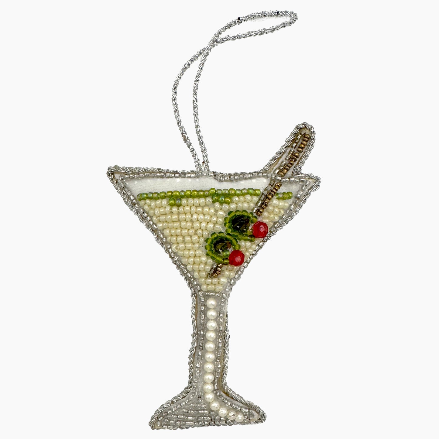 Image of a martini Christmas ornament with intricate beadwork. 