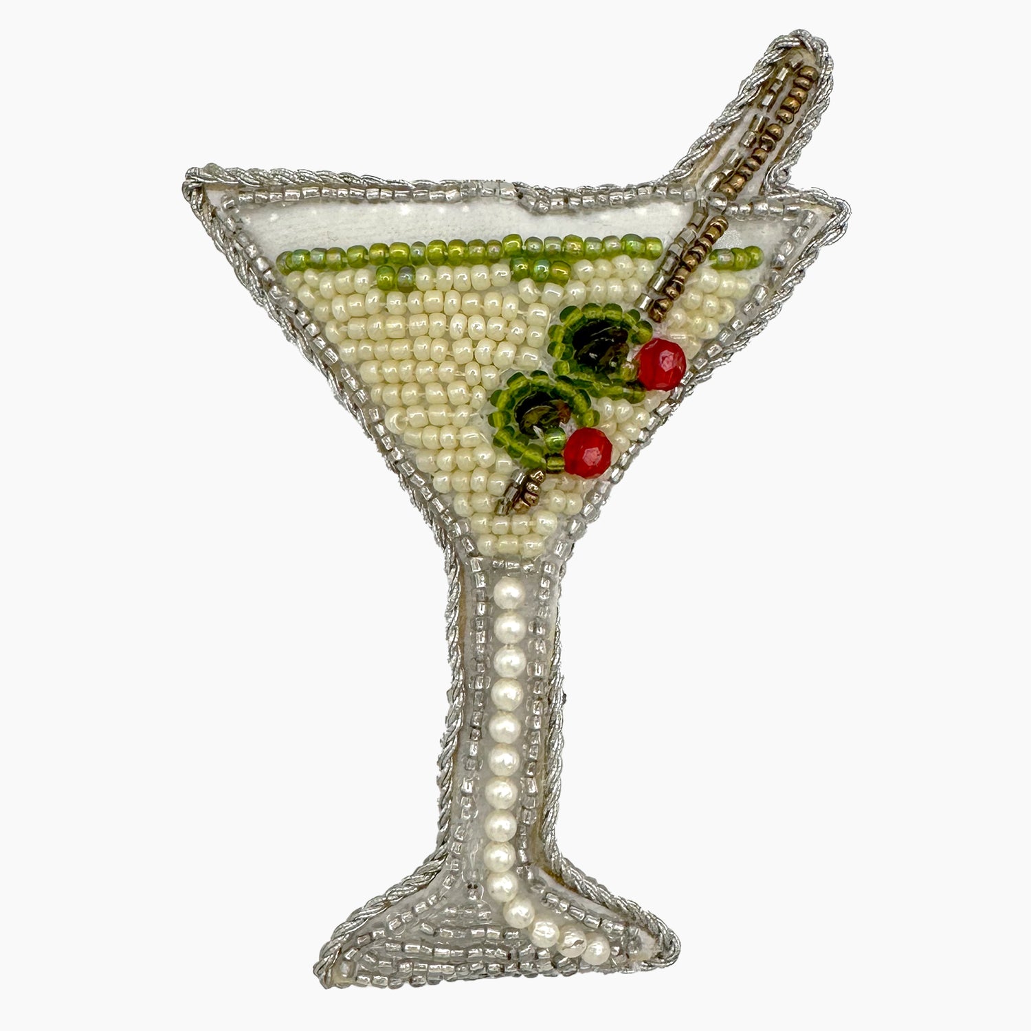 Image of a martini Christmas ornament with intricate beadwork. 