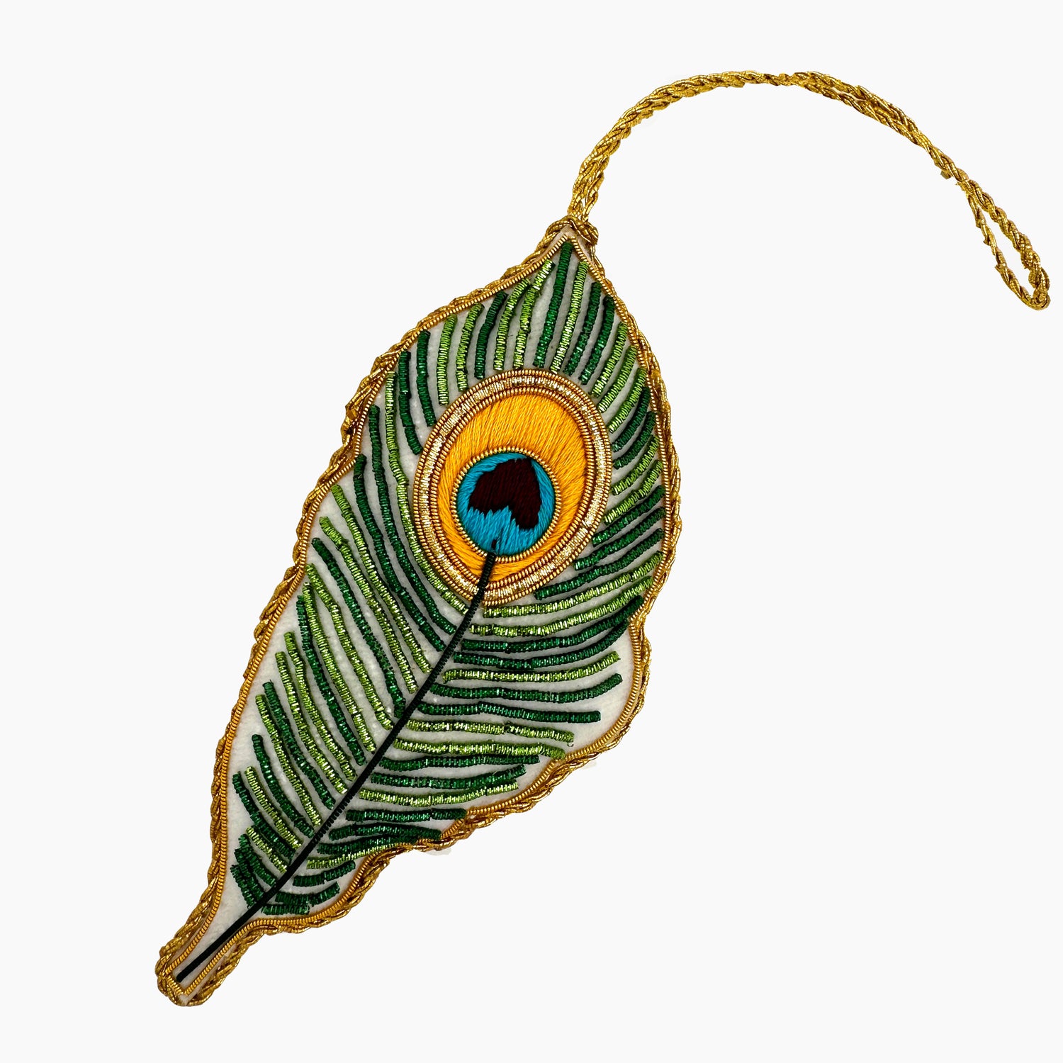 Image of a peacock feather Christmas ornament with intricate beadwork. 