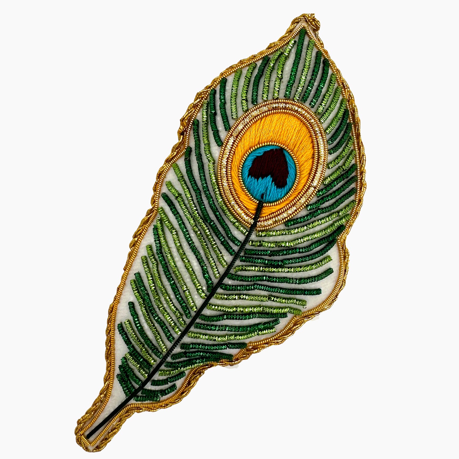 Image of a peacock feather Christmas ornament with intricate beadwork. 