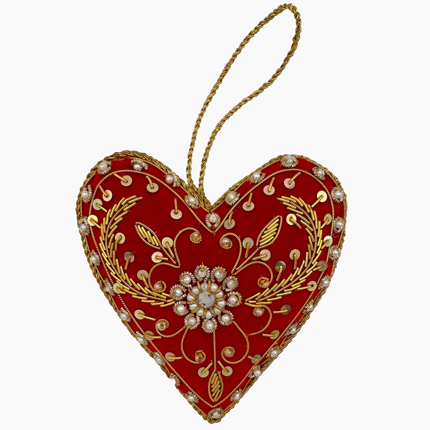 Image of a red heart Christmas ornament with ornate beadwork and pearls.