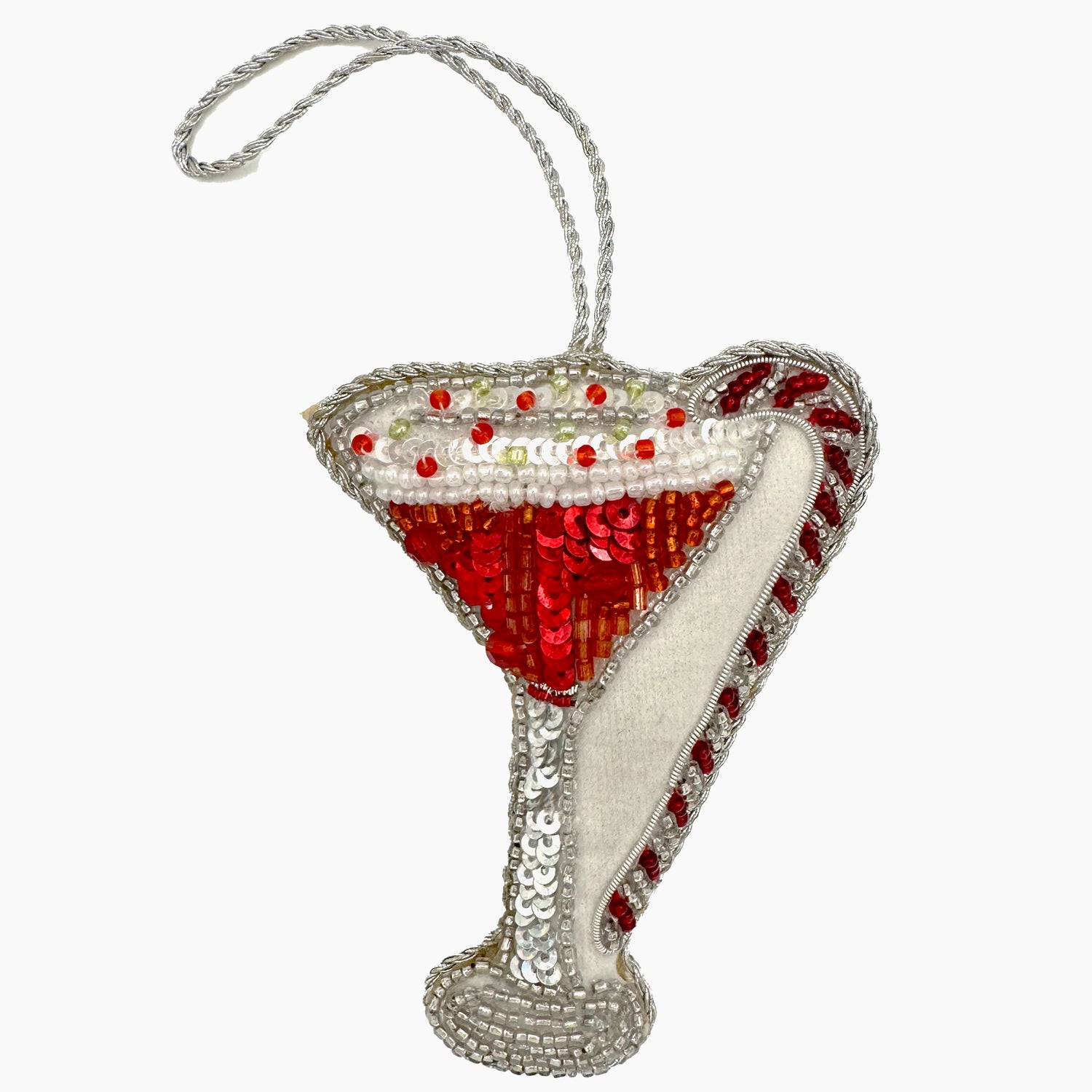 Image of a peppermint martini Christmas ornament with intricate beadwork.