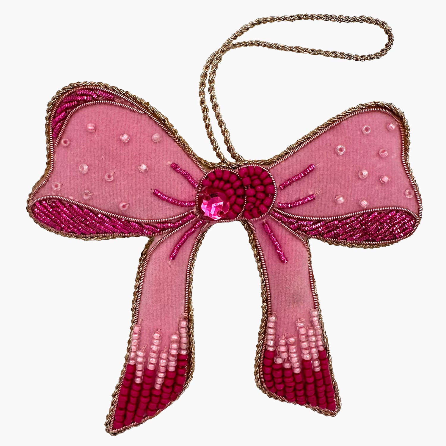 Image of a pink bow Christmas ornament with ornate beadwork.