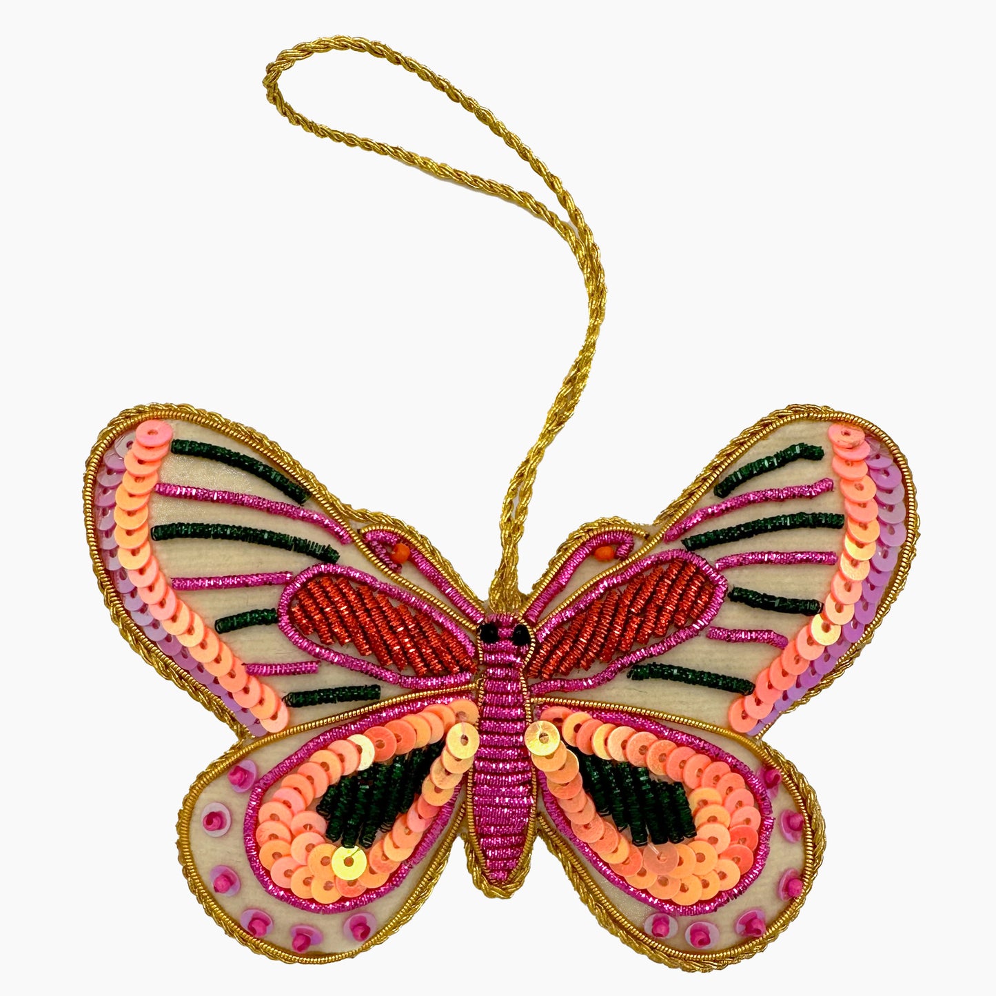 Image of a pink butterfly Christmas ornament with ornate beadwork.