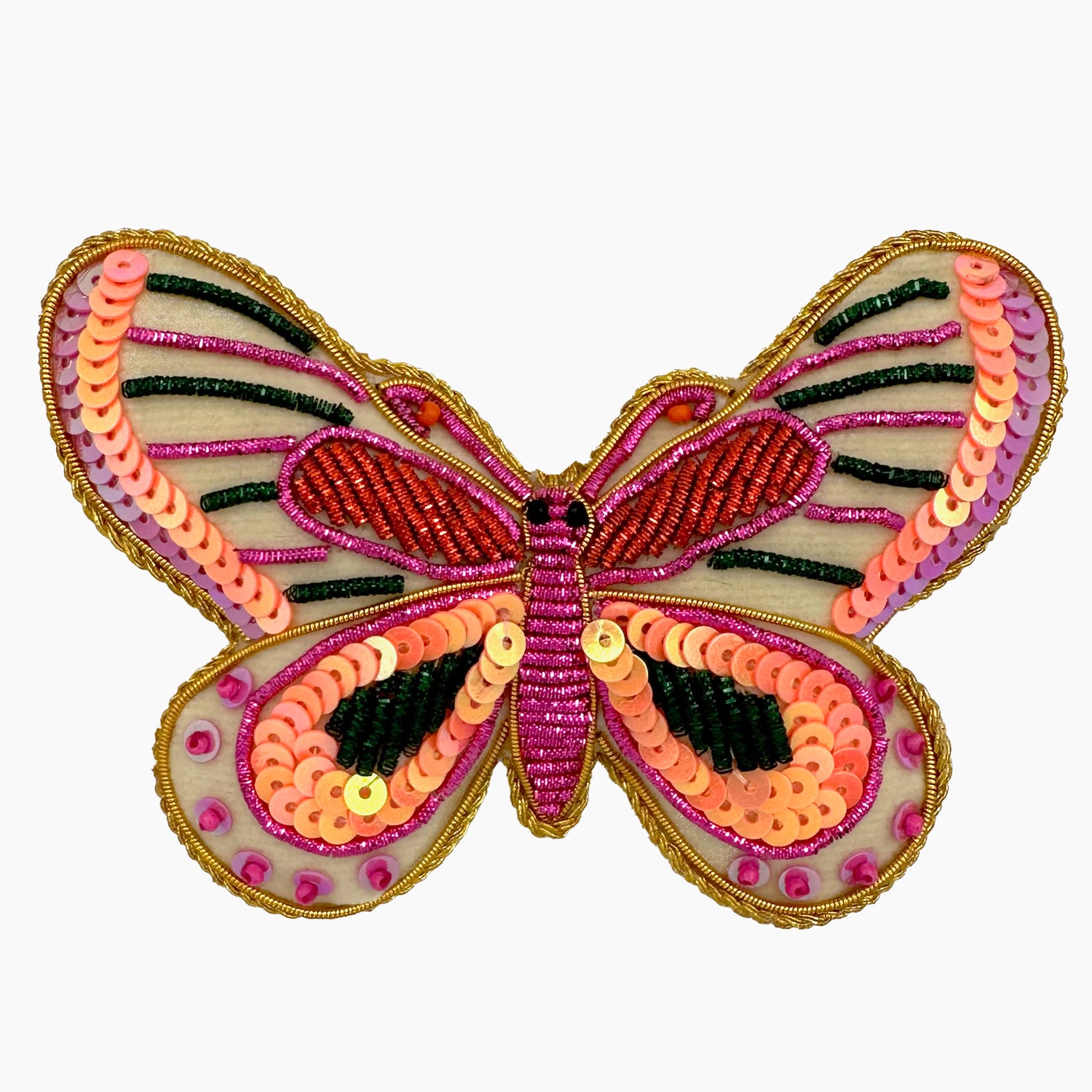 Image of a pink butterfly Christmas ornament with ornate beadwork.