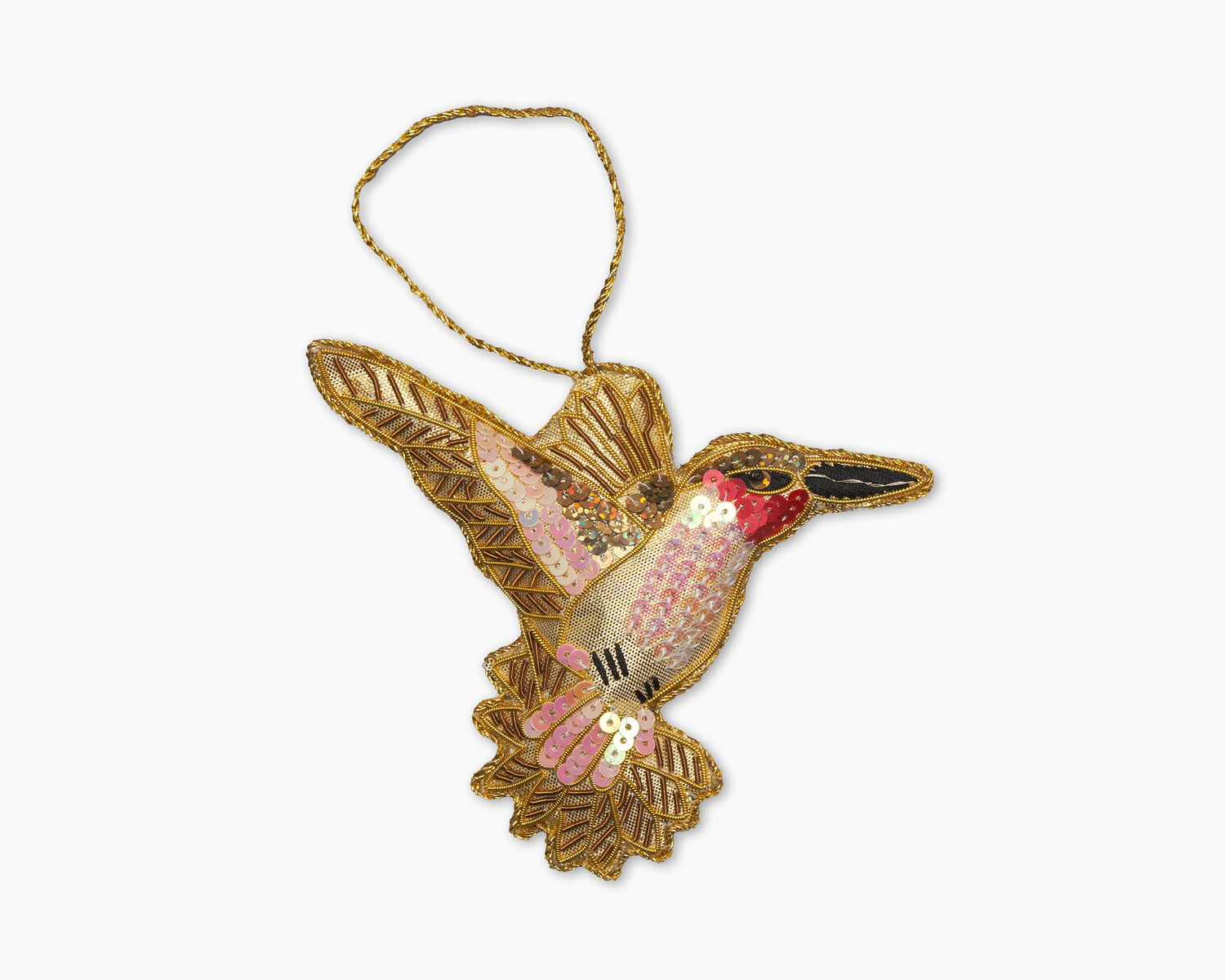 Image of a pink hummingbird Christmas ornament with intricate beadwork. 