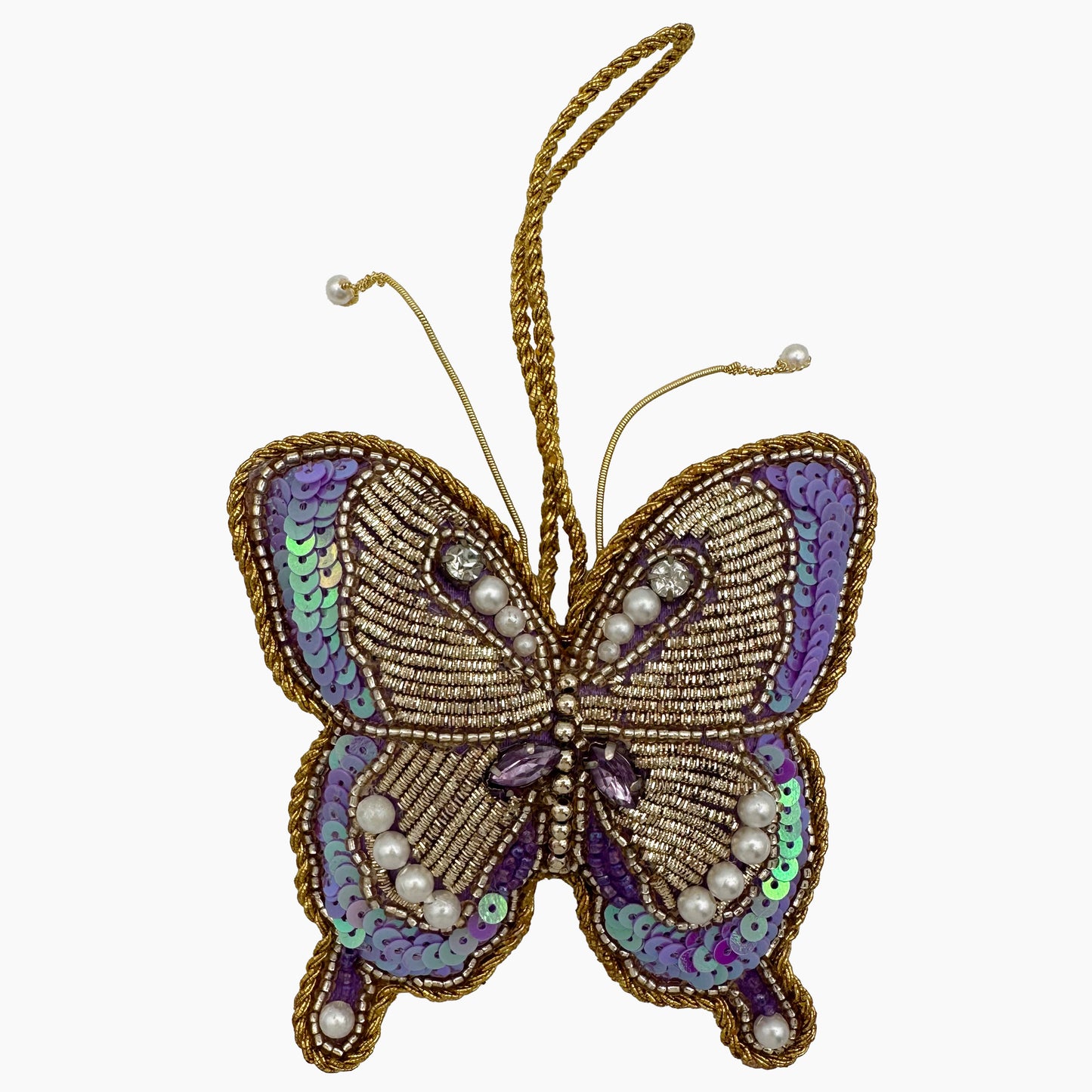 Image of a purple butterfly Christmas ornament with ornate beadwork.