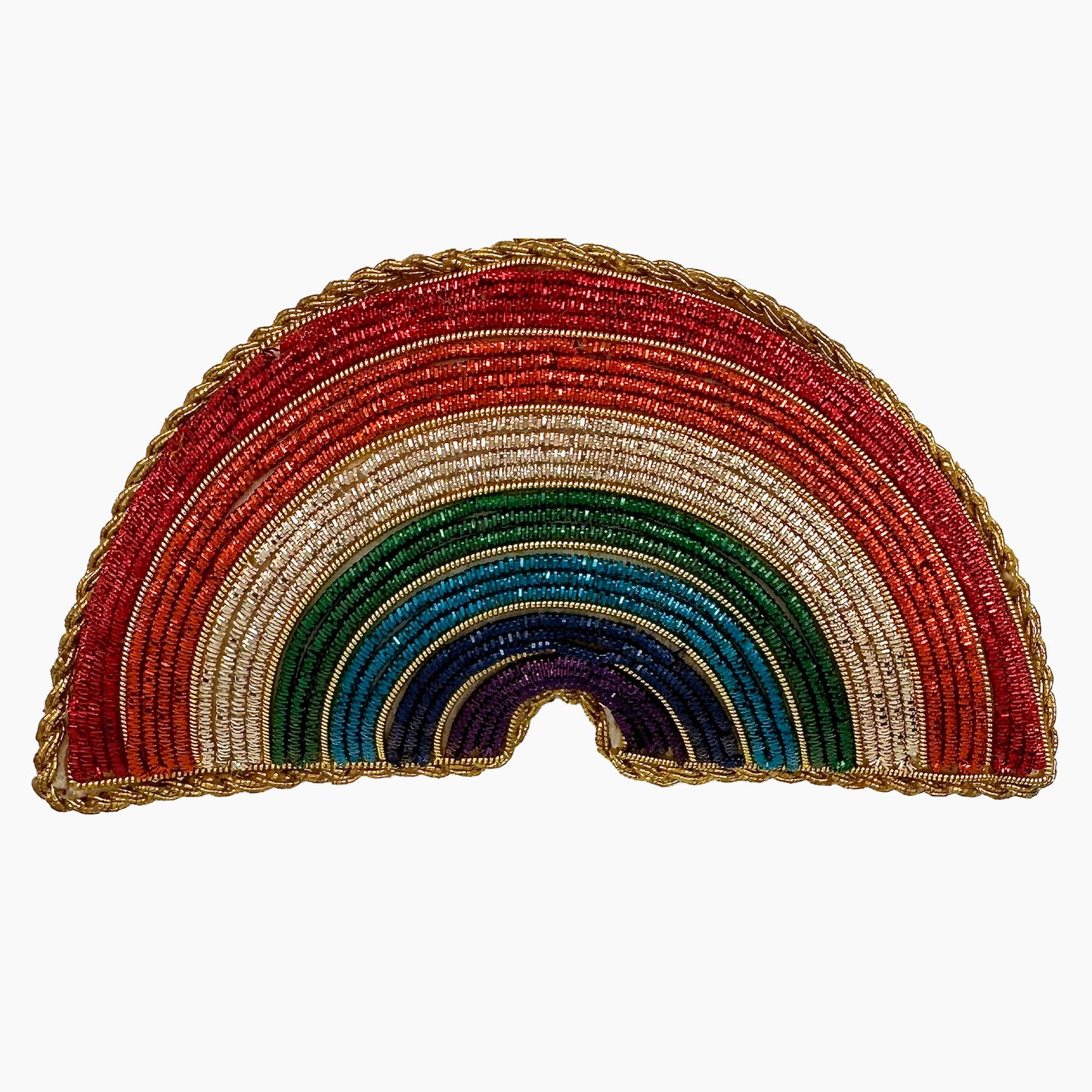 Image of a rainbow Christmas ornament with intricate beadwork. 