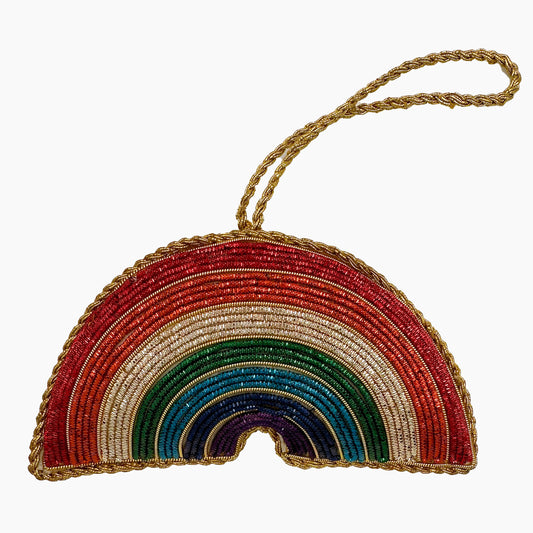 Image of a rainbow Christmas ornament with intricate beadwork. 